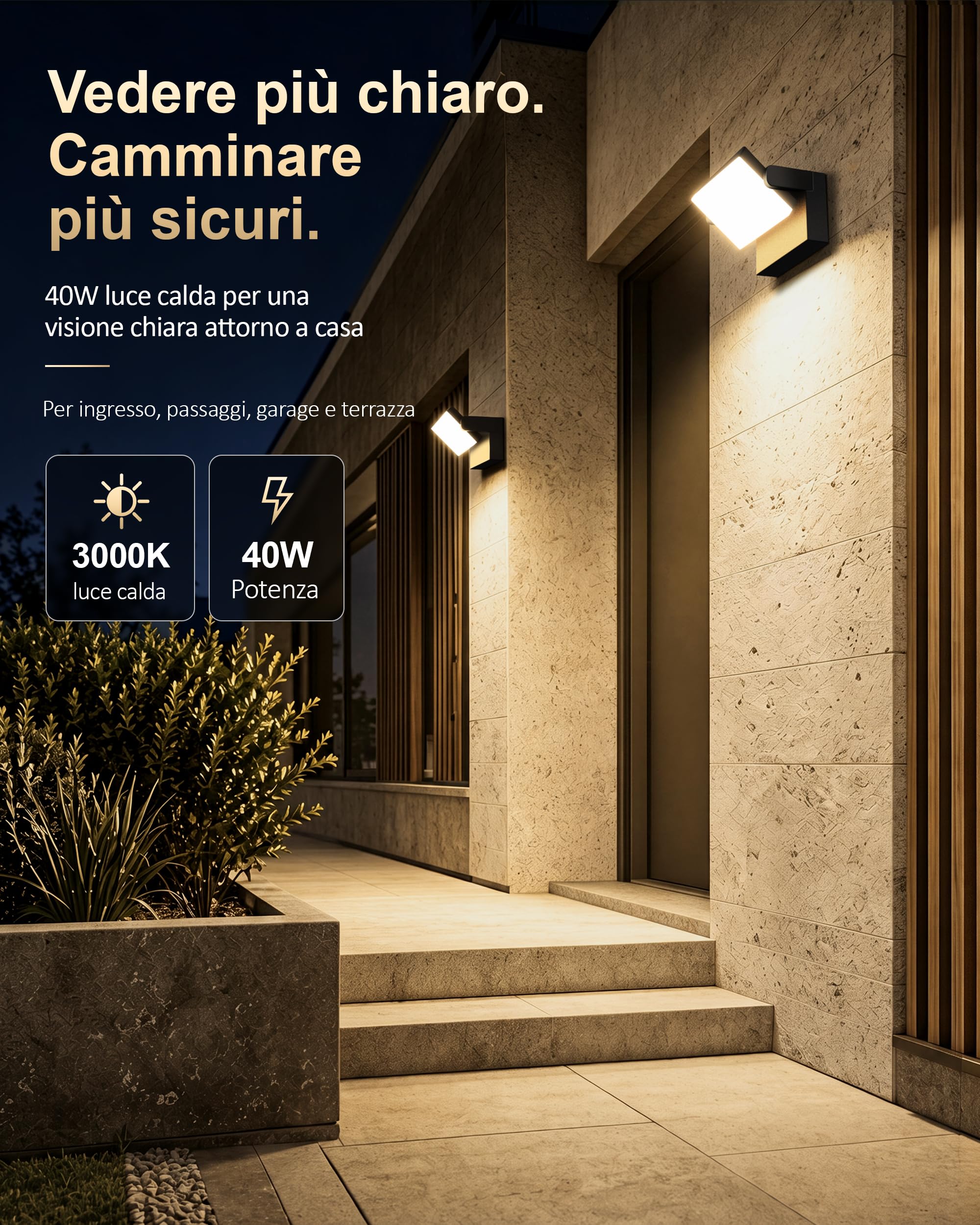 Kingwen Applique LED Esterno 4 Pezzi 40W 3000K Orientabile 360° Nera | 5000 lm, impermeabile IP65, in alluminio pressofuso, ideale per giardino, terrazza, ingresso e ambienti interni.