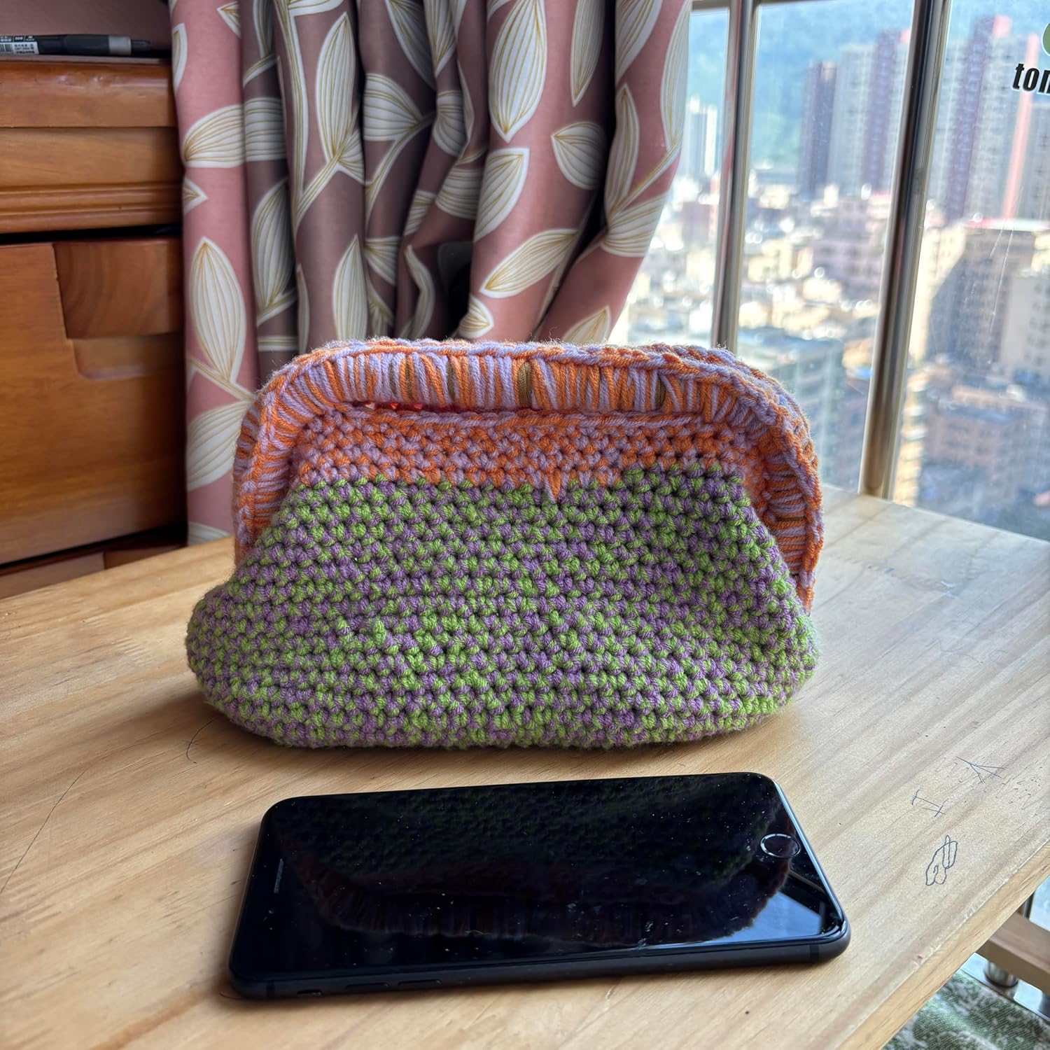 Hand-Crocheted Clutch Bag, Brown, 8x 4 x 5 inches