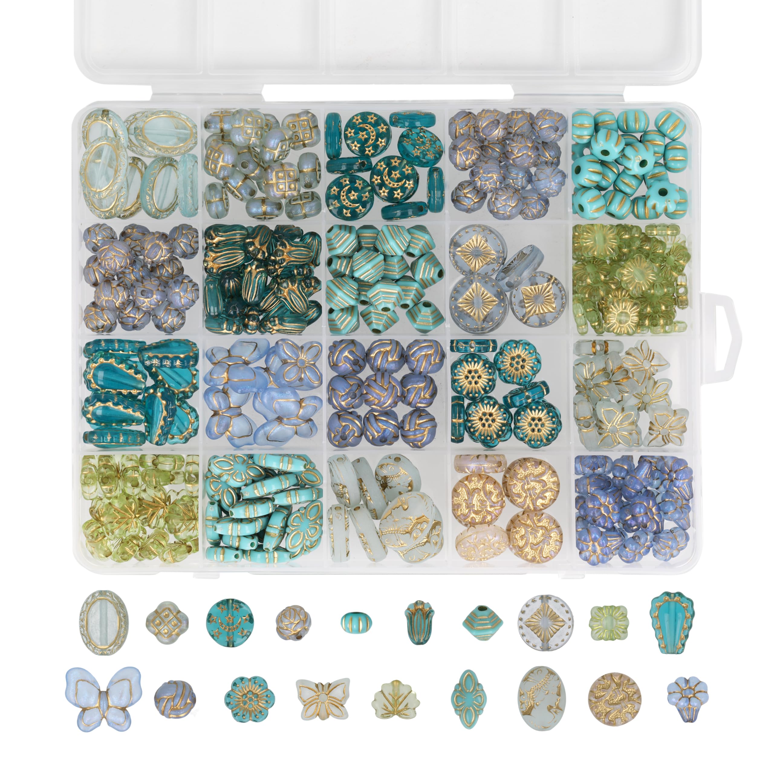 The Beadsmith Zestaw koralików akrylowych – niebieskie i imitujące złoto, mieszane koraliki, ok. 280 szt., 19 kształtów (6,3–17,5 mm), zestaw do tworzenia biżuterii i bransoletek