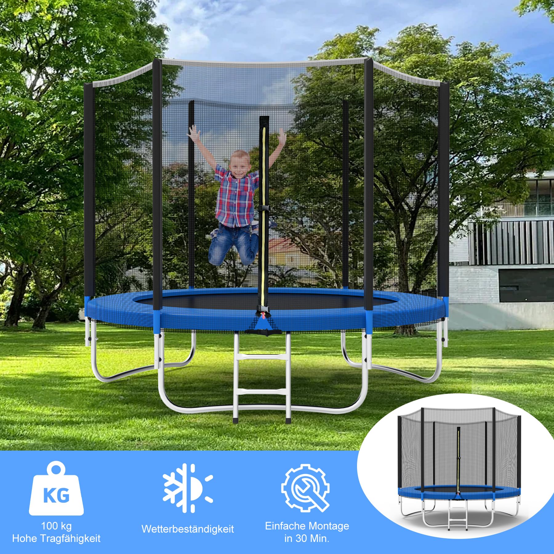 Trampolín de 183/244/305/366 cm de diámetro con red de seguridad, trampolín con combinación de escalera, resistente a los rayos UV, impermeable, para niños y familias