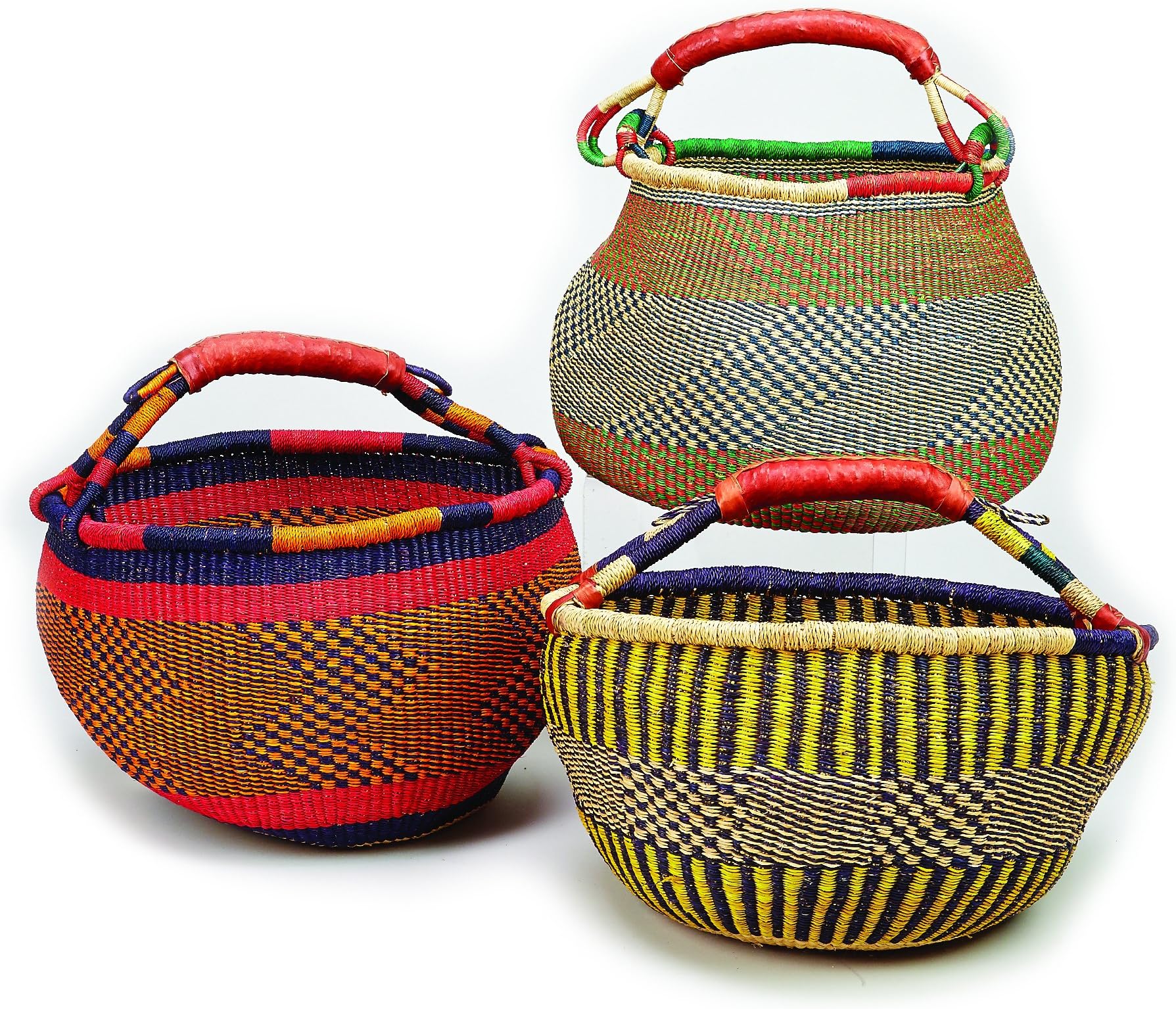 Basket Bolga Market Shopping Tote (Ghana) Straw w/ Leather Handle ONE of Assorted