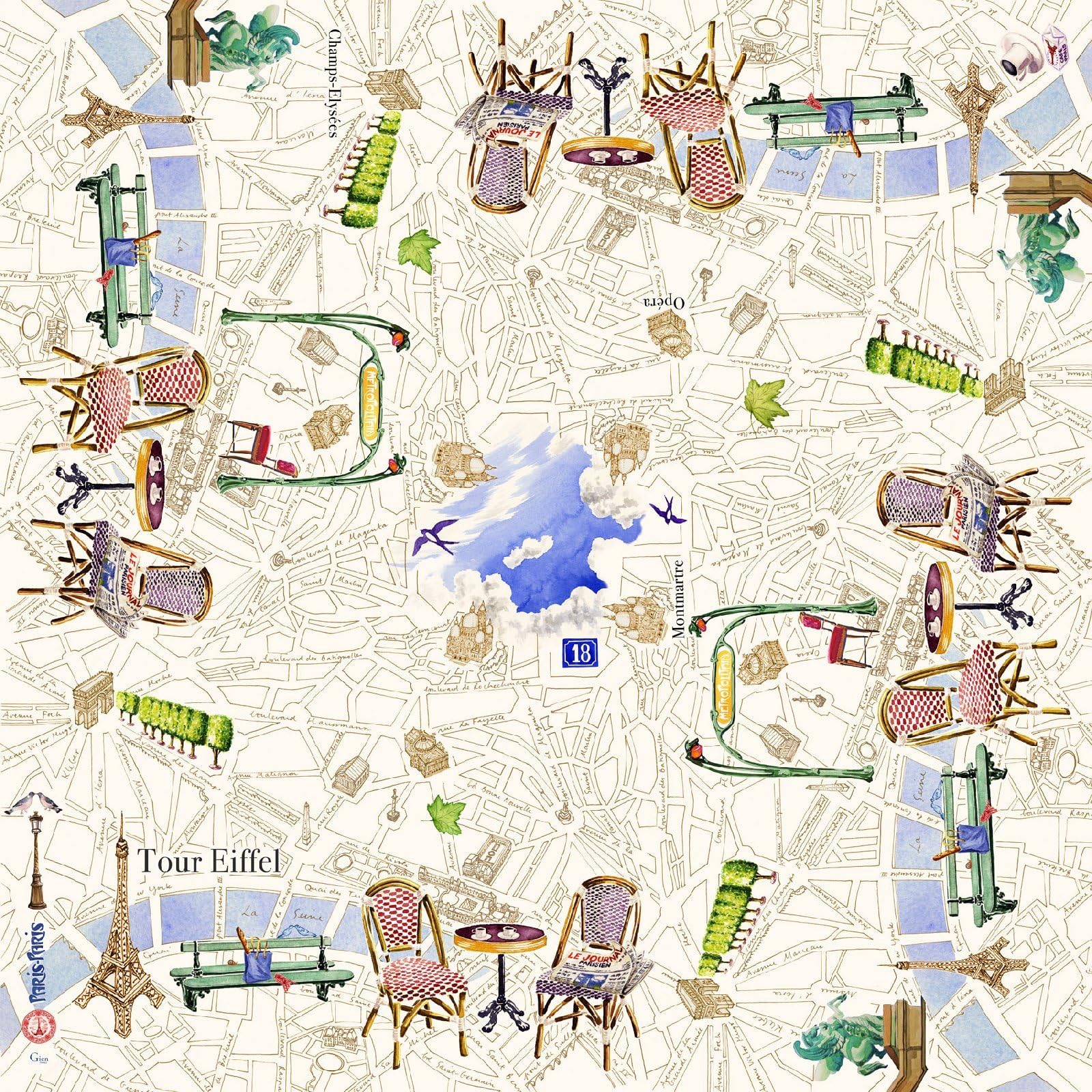 Gien France, " Paris-Paris City Scene", 47" Square Cotton Tablecloth, Made in Italy