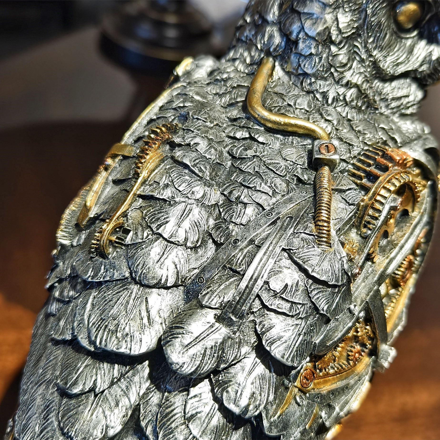 OUTOUR Steampunk Sowa Statua 39 cm H Metaliczny Srebrny Złoty Gotycki Kolekcjonerska Figurka Zwierząt Mądrość Prezent Sowa Rzeźba Dom Biuro Wystrój Salon Blat Wyświetlacz