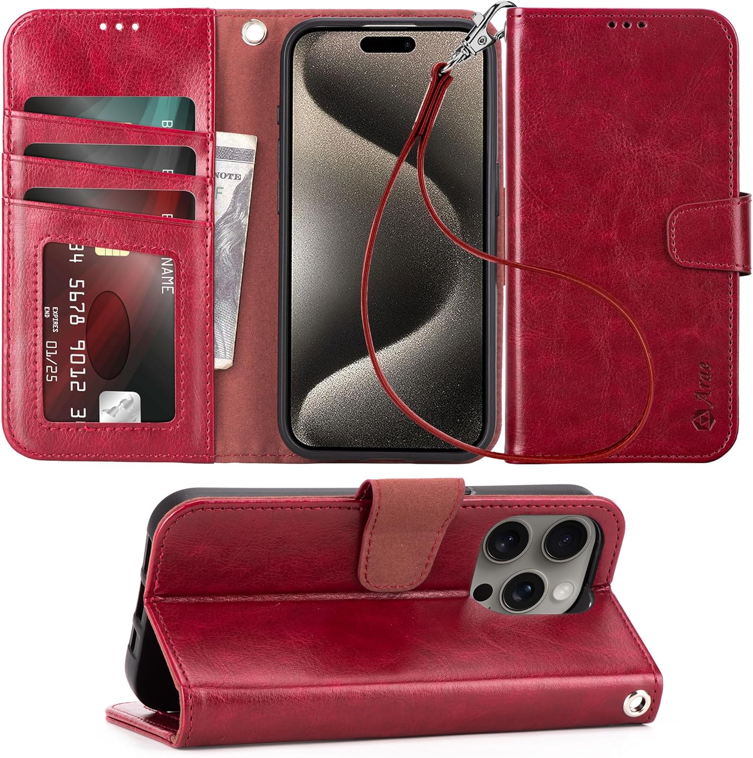 Arae Compatible with iPhone 15 Pro Case with Card Holder and Wrist Strap Wallet Flip