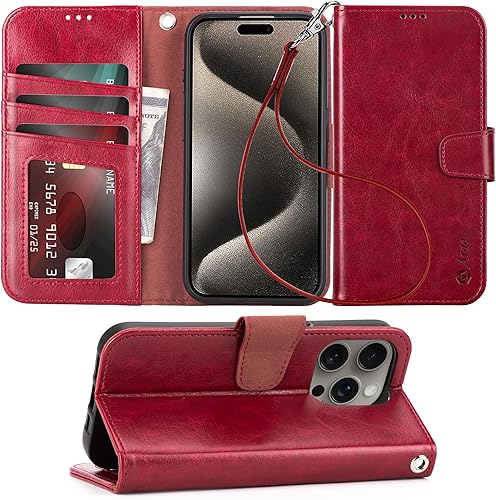 Miniatura 54 de Arae Compatible with iPhone 15 Case with Card Holder and Wrist Strap Wallet Flip Cover for iPhone 15 6.1 inch,Wine Red