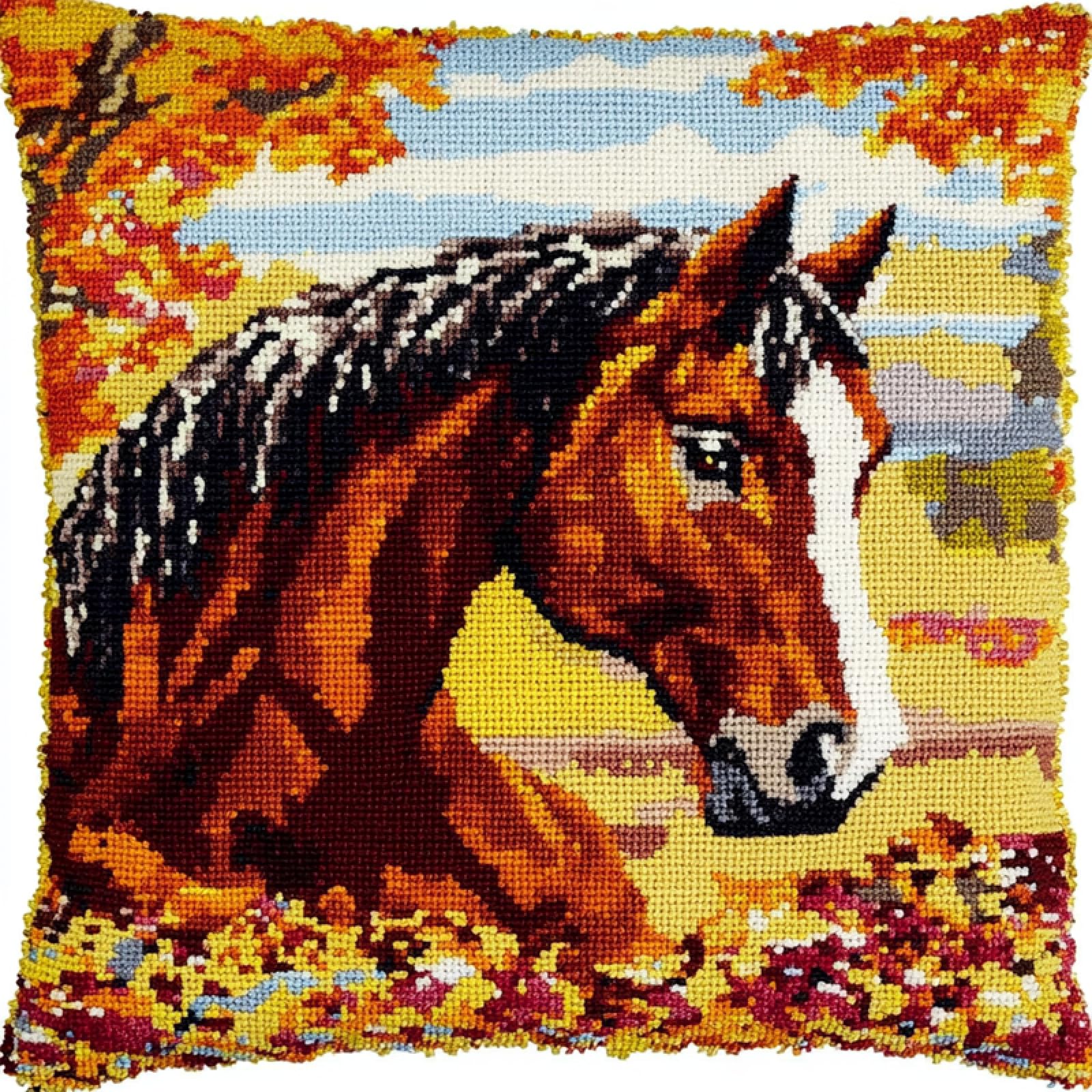 ANSIWEIGO Latch Hook Cushion Cover Kit 17x17 Inch – DIY Throw Pillow Cover Craft Kit with Printed Canvas for Adults & Beginners,Horse in Autumn