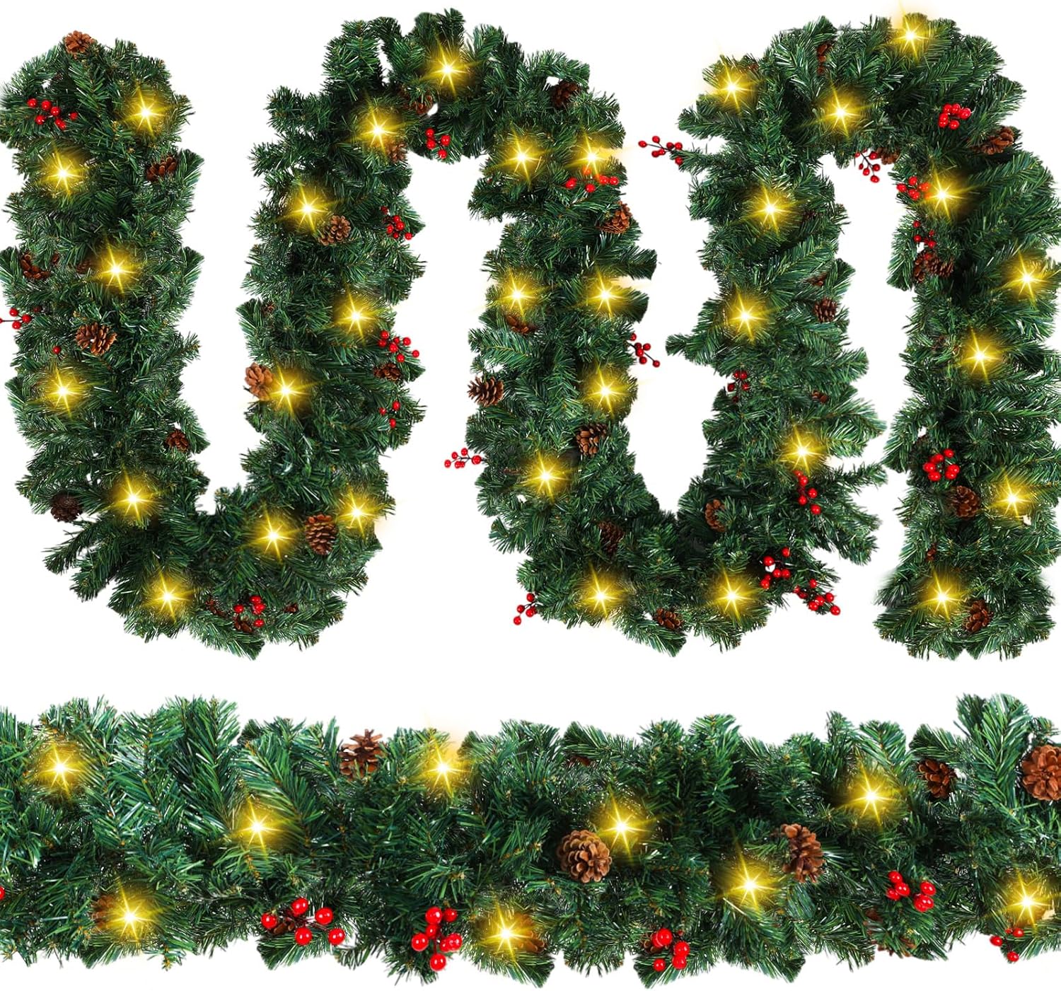 26ft Christmas Light Garland with 100 LED Battery Operated Pine Cones Red Berries Long Thick Outdoor Christmas Lighted Garland Artificial Xmas Decorations for Door Stairs Railing Fireplace
