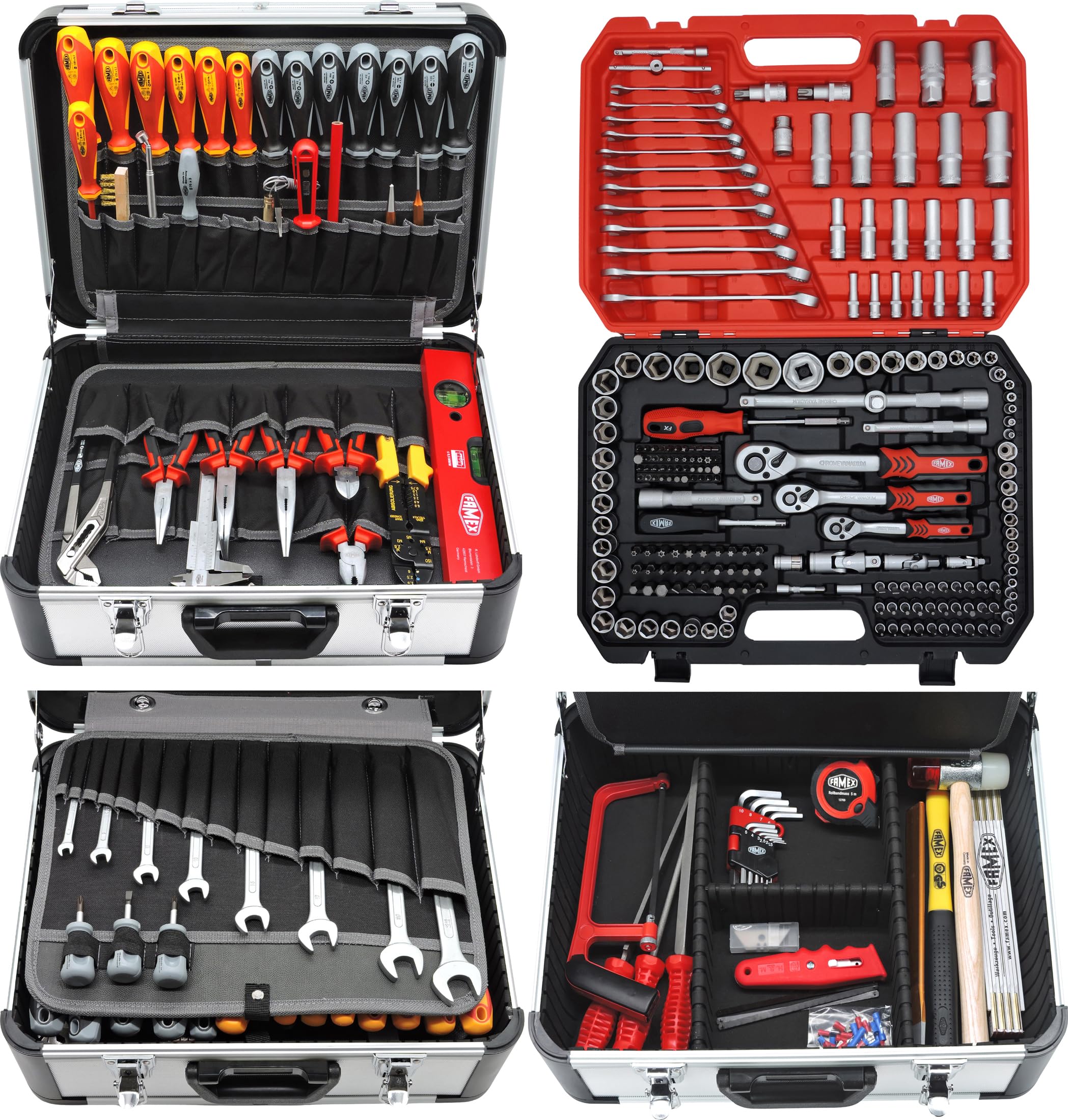 FAMEX 419-51 - Maletín de herramientas profesional de aluminio con 219 piezas, juego de llaves tubulares - Juego de herramientas de alta calidad para uso comercial - Maletín de aluminio grande - Caja