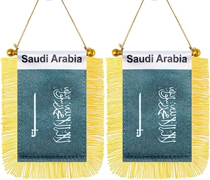 CANTENDO 2 Pack Saudi Arabia Window Hanging Flag,Mini Saudi Arabians Car Flag with Pole Tassel Suction Cup Rearview Mirror Decoration3x5 Inch