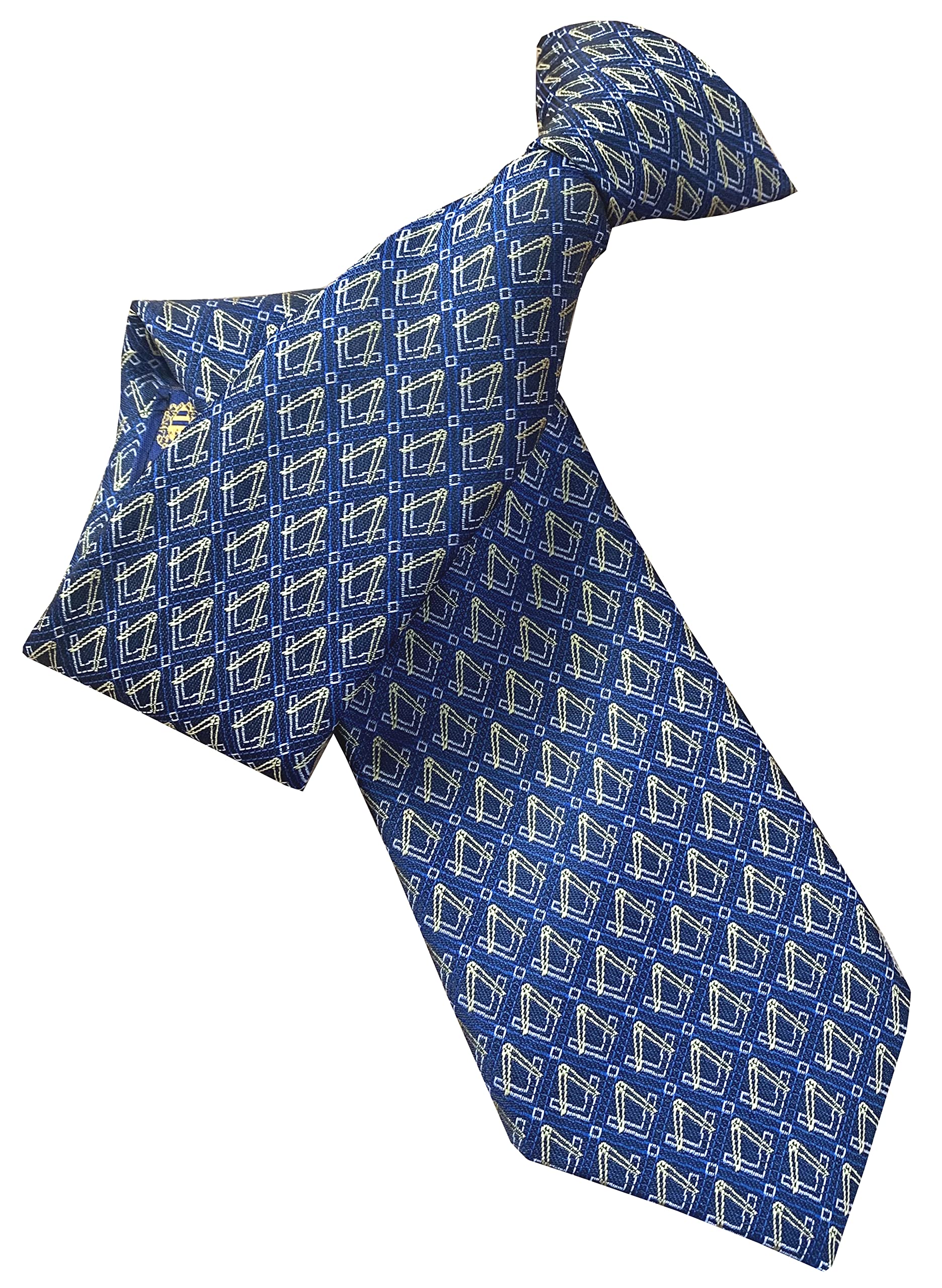 Great British Tie Club Men's Navy Blue, Gold, White Freemasons Masonic Square & Compass Clip On Tie