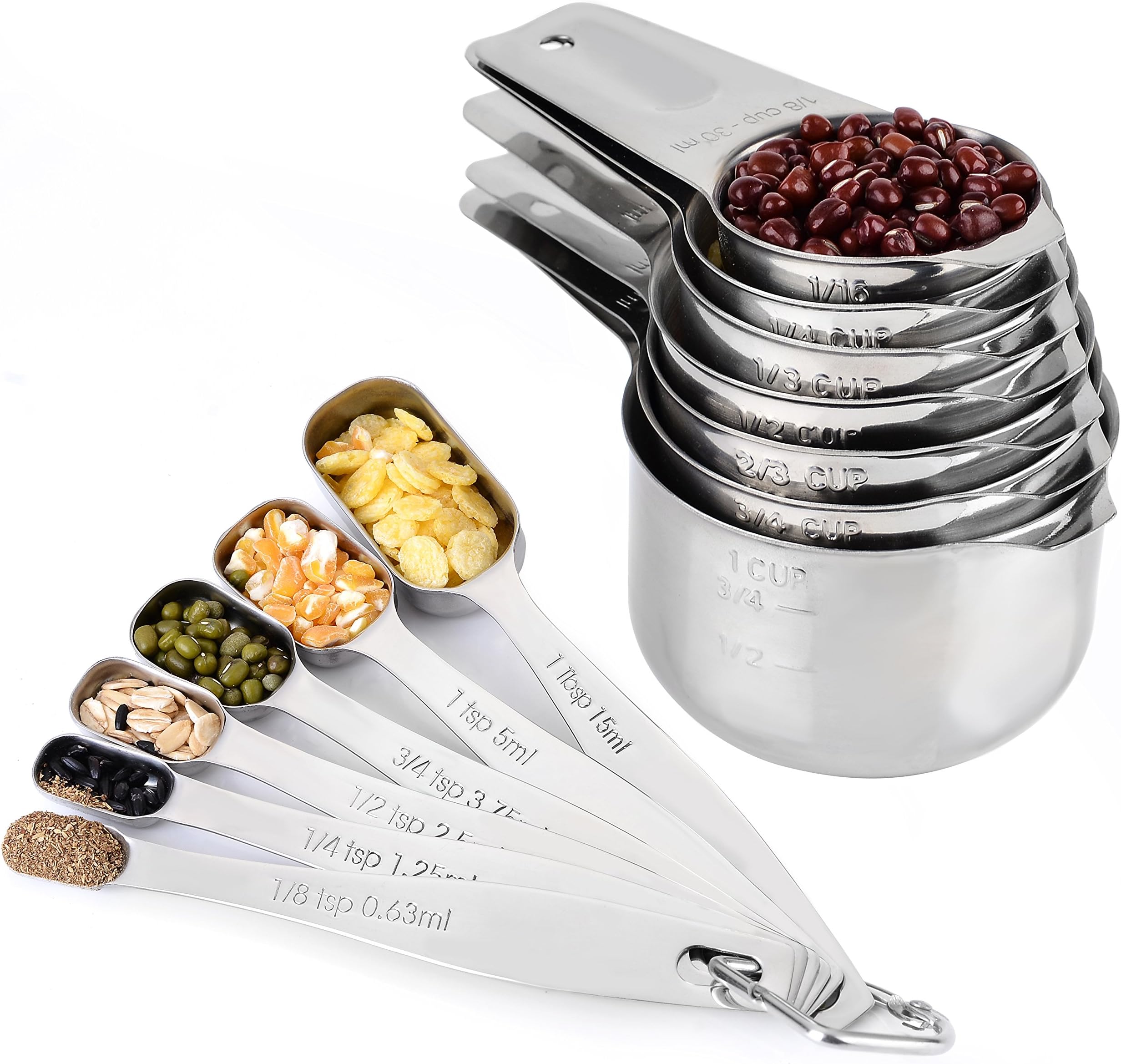 APURSUE 15 PCS Measuring Cups and Measuring Spoons 18/8 Stainless Steel 7 Measuring Cups and 6 Measuring Spoons, Nesting Stackable Cups Spoons For Dry and Liquid Ingredients, One-Piece No Welding