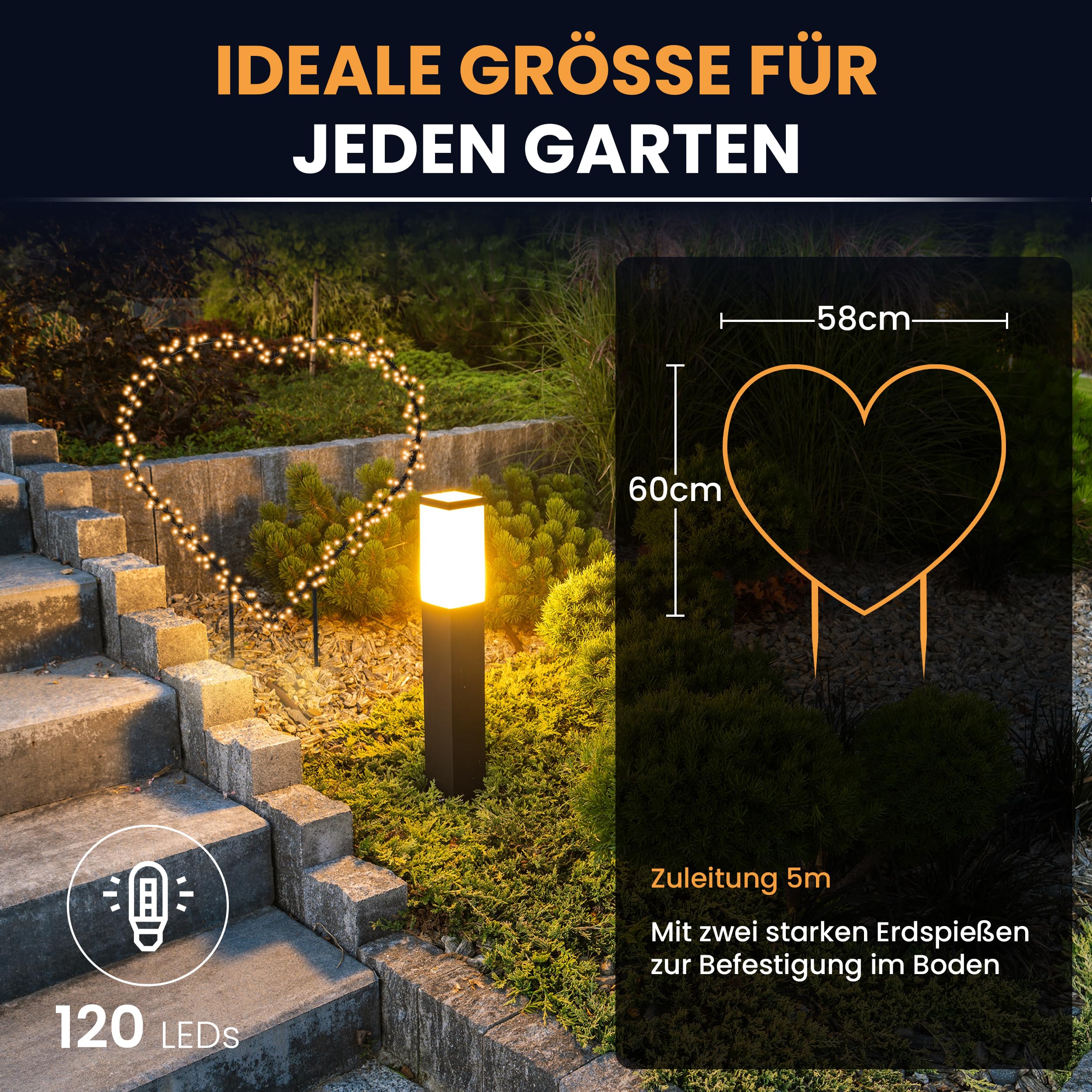 Gartenpirat Weihnachtsdeko Herz 60 x 58 cm mit Erdspieß 120 LED warmweiß mit Timer-Funktion Lichterkette Weihnachtsbeleuchtung Figur Außenbeleuchtung außen