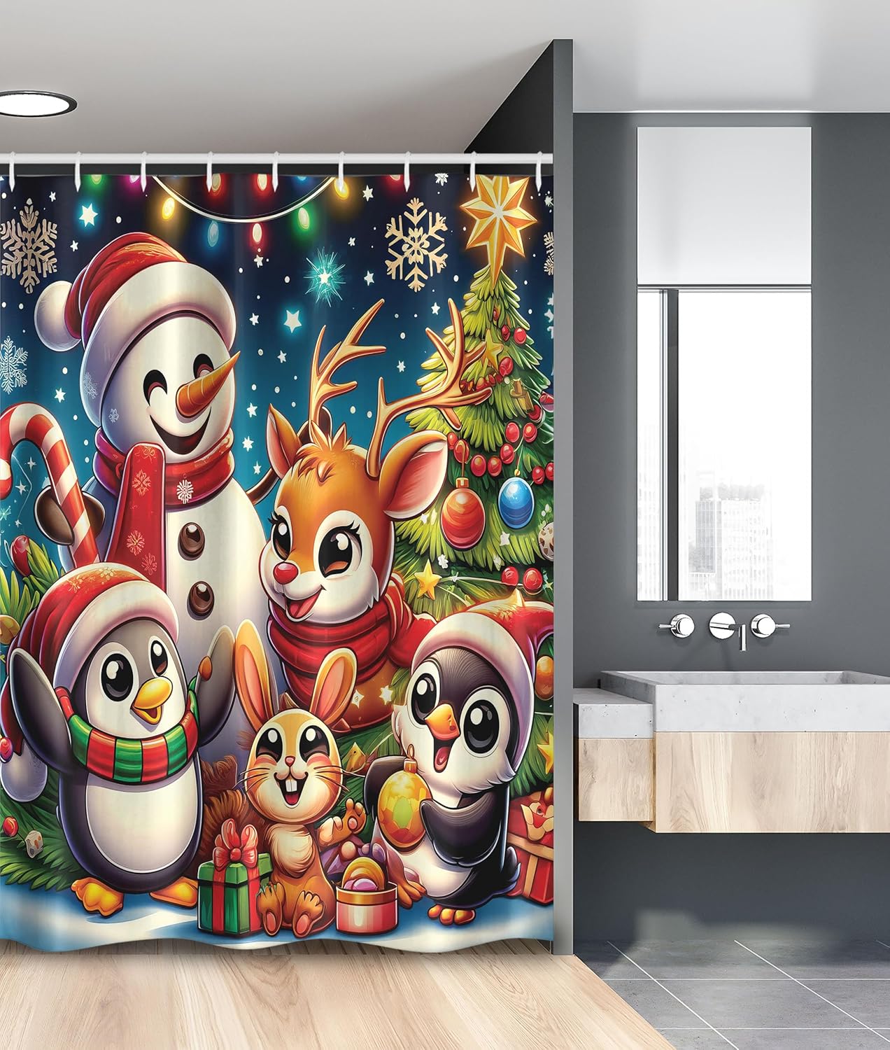 Ambesonne Christmas Stall Shower Curtain, Colorful Winter Happiness Theme Cartoon Deer Penguin Rabbit and Snowman, Fabric Bathroom Decor Set with Hooks, 54" W x 78" L, Green Red Multicolor
