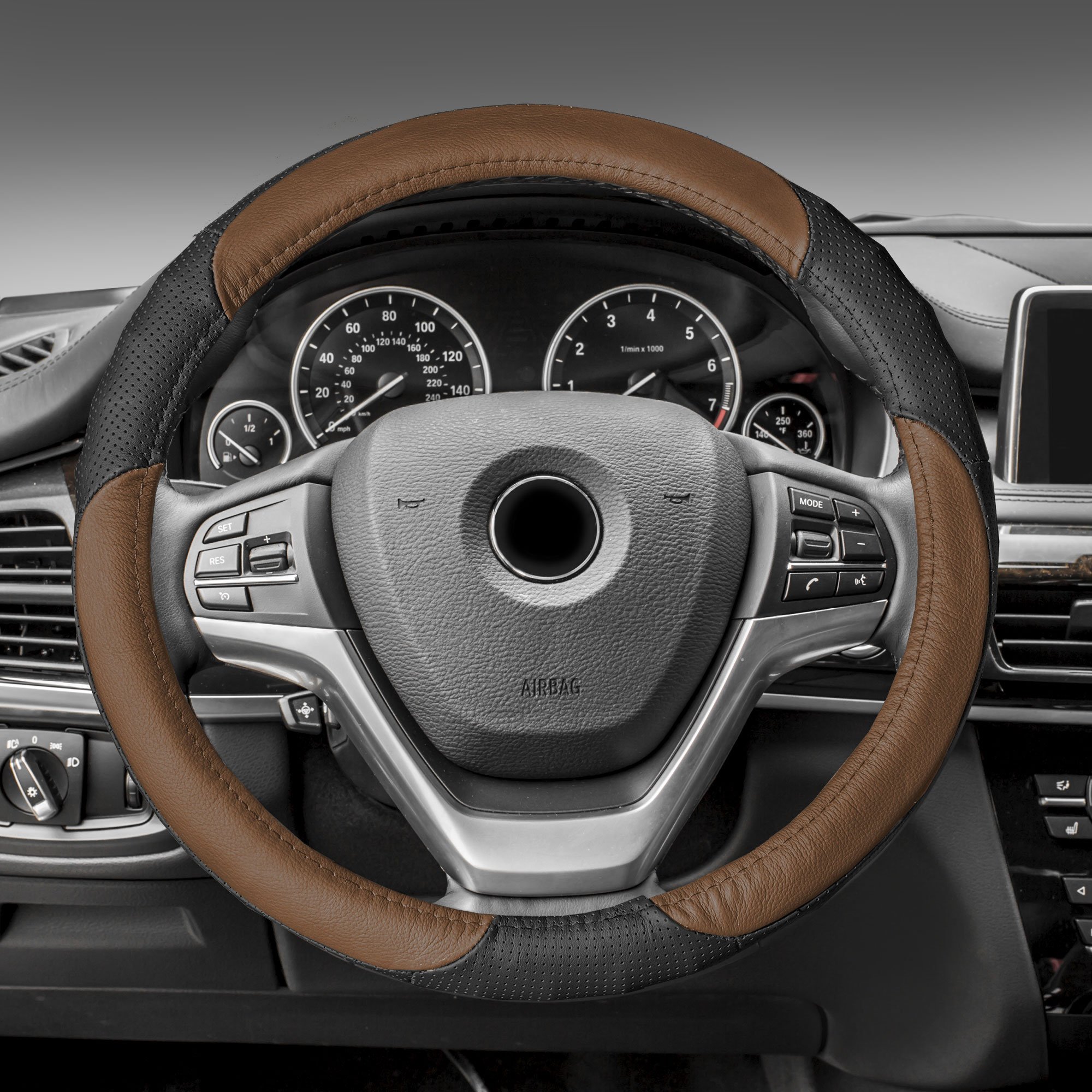 FH Group FH2001BROWN Universal Fit Perforated Genuine Leather Brown Steering Wheel Cover fits most Cars, SUVs, and Trucks