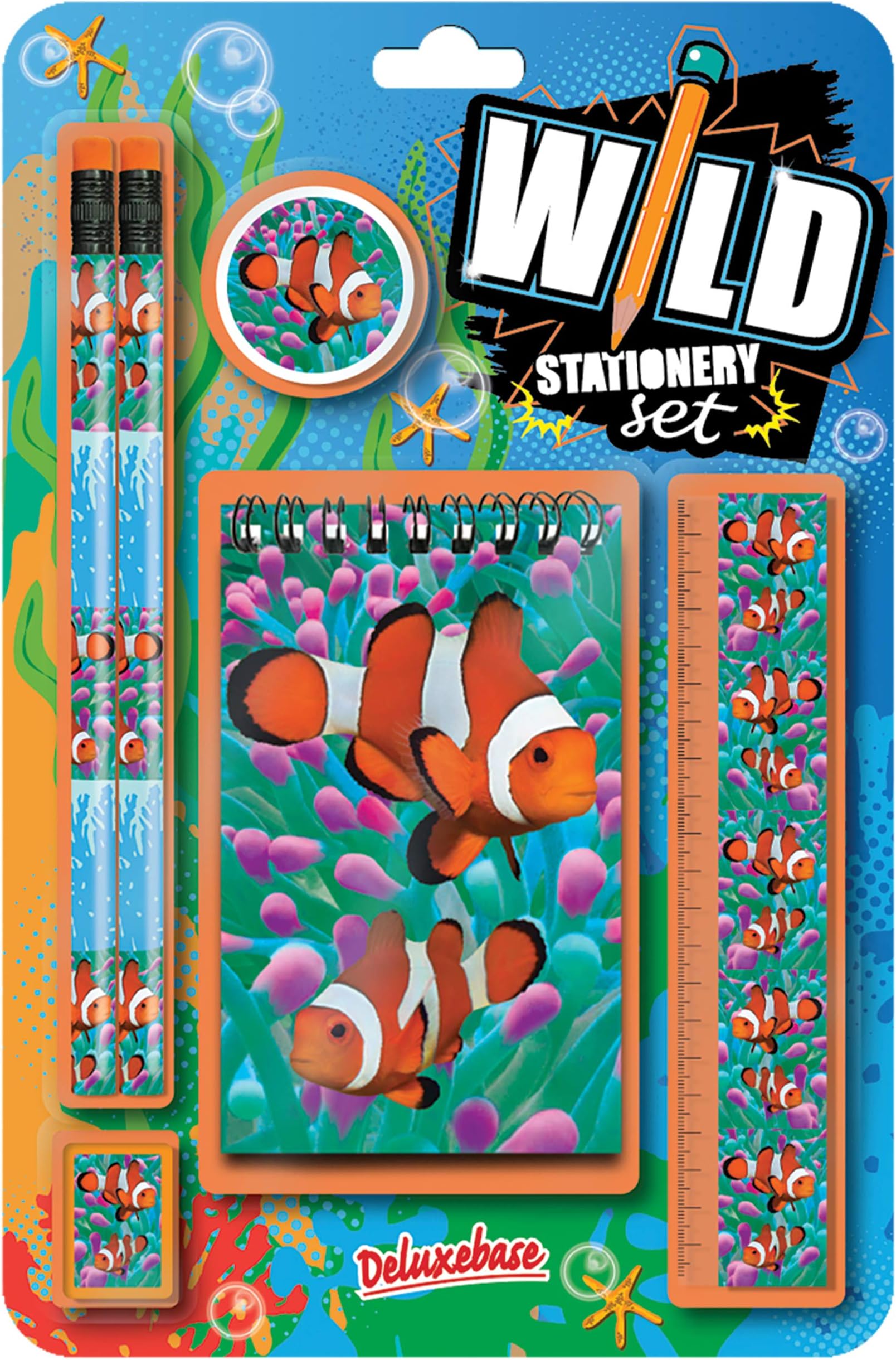 Wild Stationery Deluxebase Clown Fish Set These Fun School Supplies Kits for Girls and Boys include 2 Pencils, Eraser, Pencil Sharpener, Ruler and Notebook