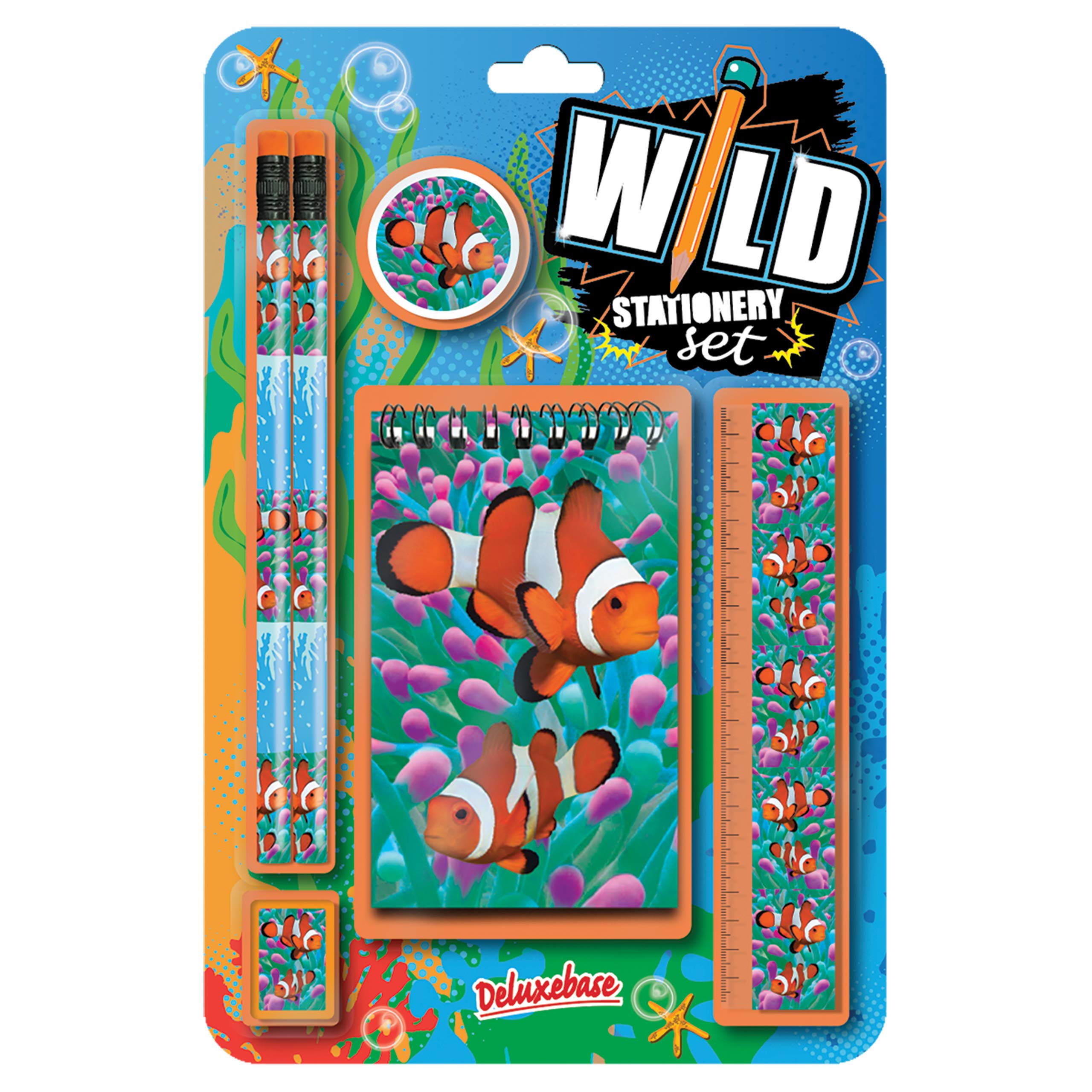 Wild Stationery Deluxebase Clown Fish Set These Fun School Supplies Kits for Girls and Boys include 2 Pencils, Eraser, Pencil Sharpener, Ruler and Notebook
