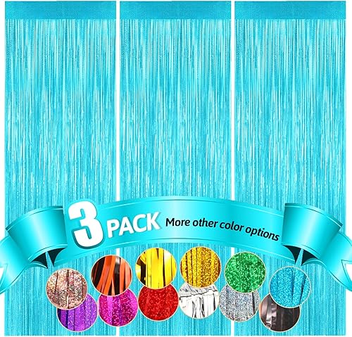 Fannev Cortina de flecos iridiscentes color azul cielo metálico, 3.3 x 8.2 pies, paquete de 3, serpentinas iridiscentes, decoraciones de fiesta