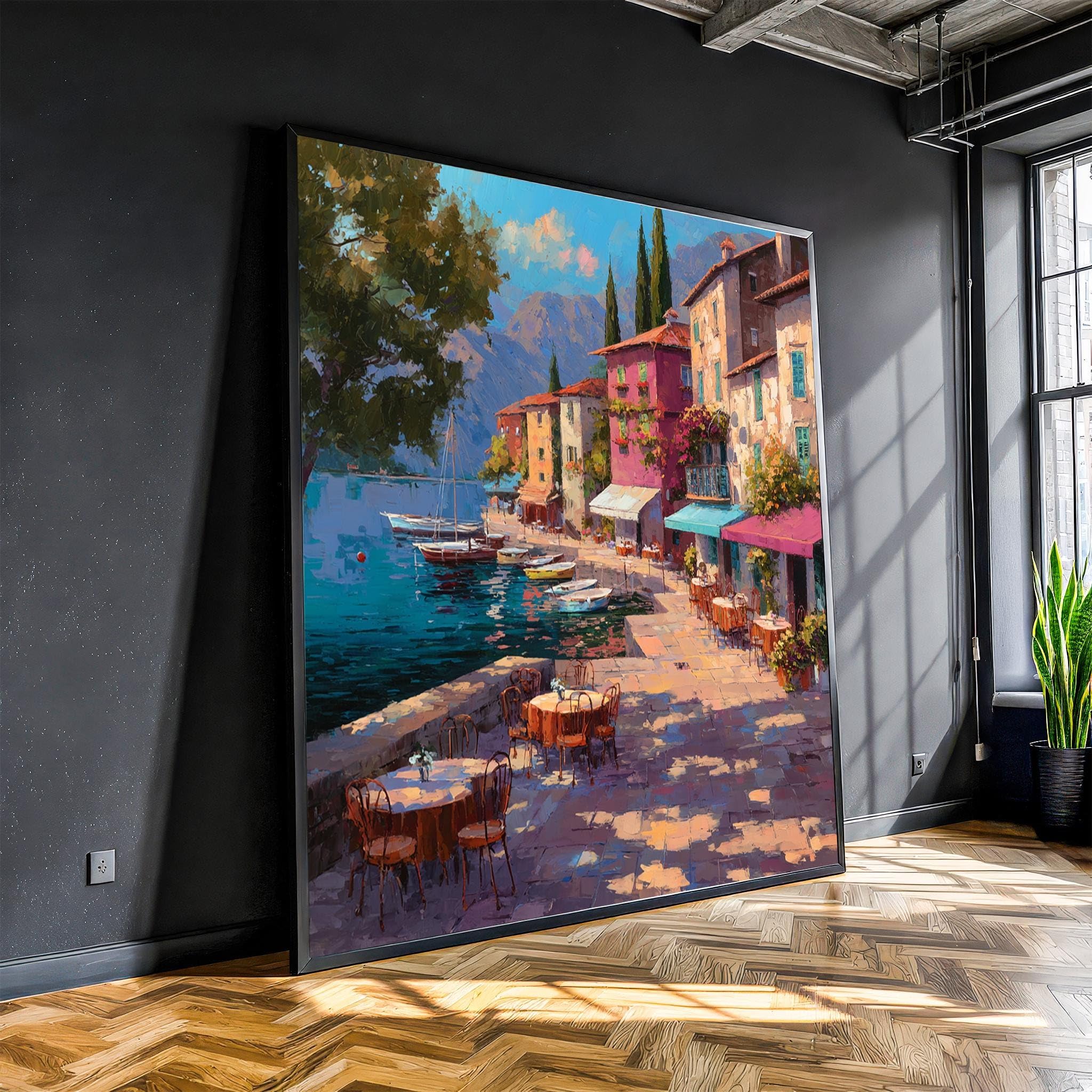 XINBAO Mediterranean Seaside Village Canvas Wall Art, Romantic Coastal Town Painting with Cafes for Living Room, Dining Room(80x80cm/Frameless)