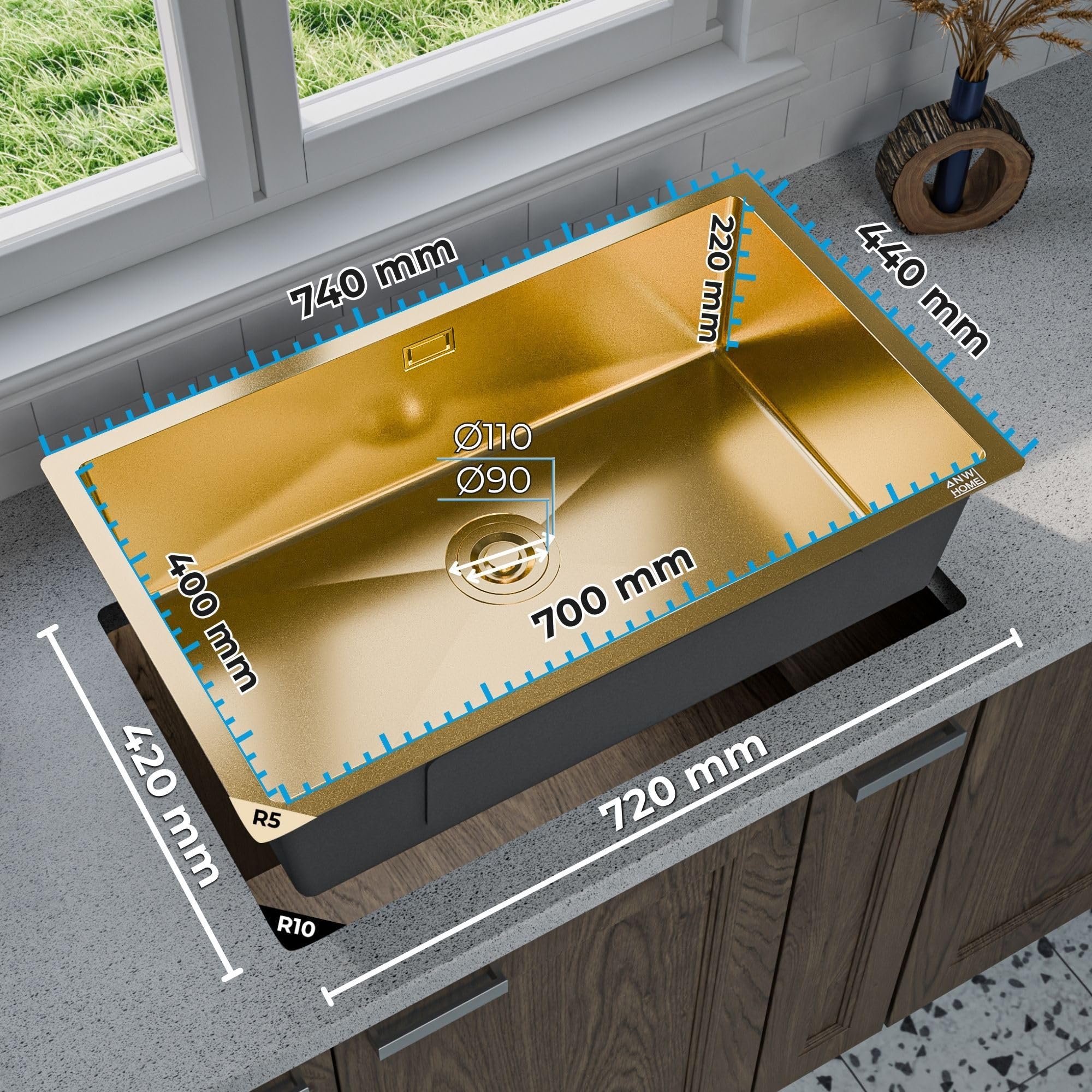 ANW HOME Evier Cuisine 1 Bac 74x44 cm, Or PVD | Encastré/Sous Plan, Revêtement Nano, Épaisseur 3,0+1 mm, Profondeur 22 cm, Avec Siphon