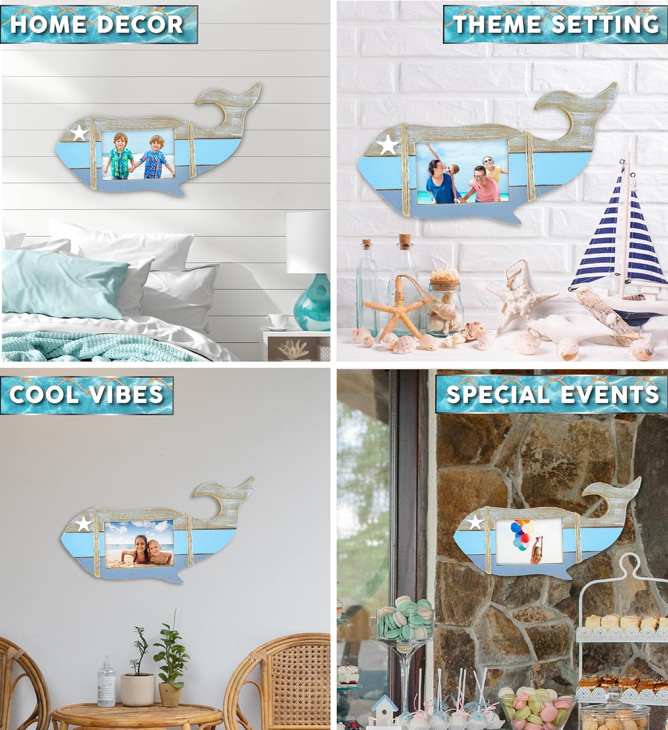 Puzzled CoTa Global Nautical Whale Shape 5x3.5 Frame - Blue Distressed Wood Whale Shape Photo Frame, Handmade Picture Frame for Tabletop or Wall Hang - 13.5 Inches