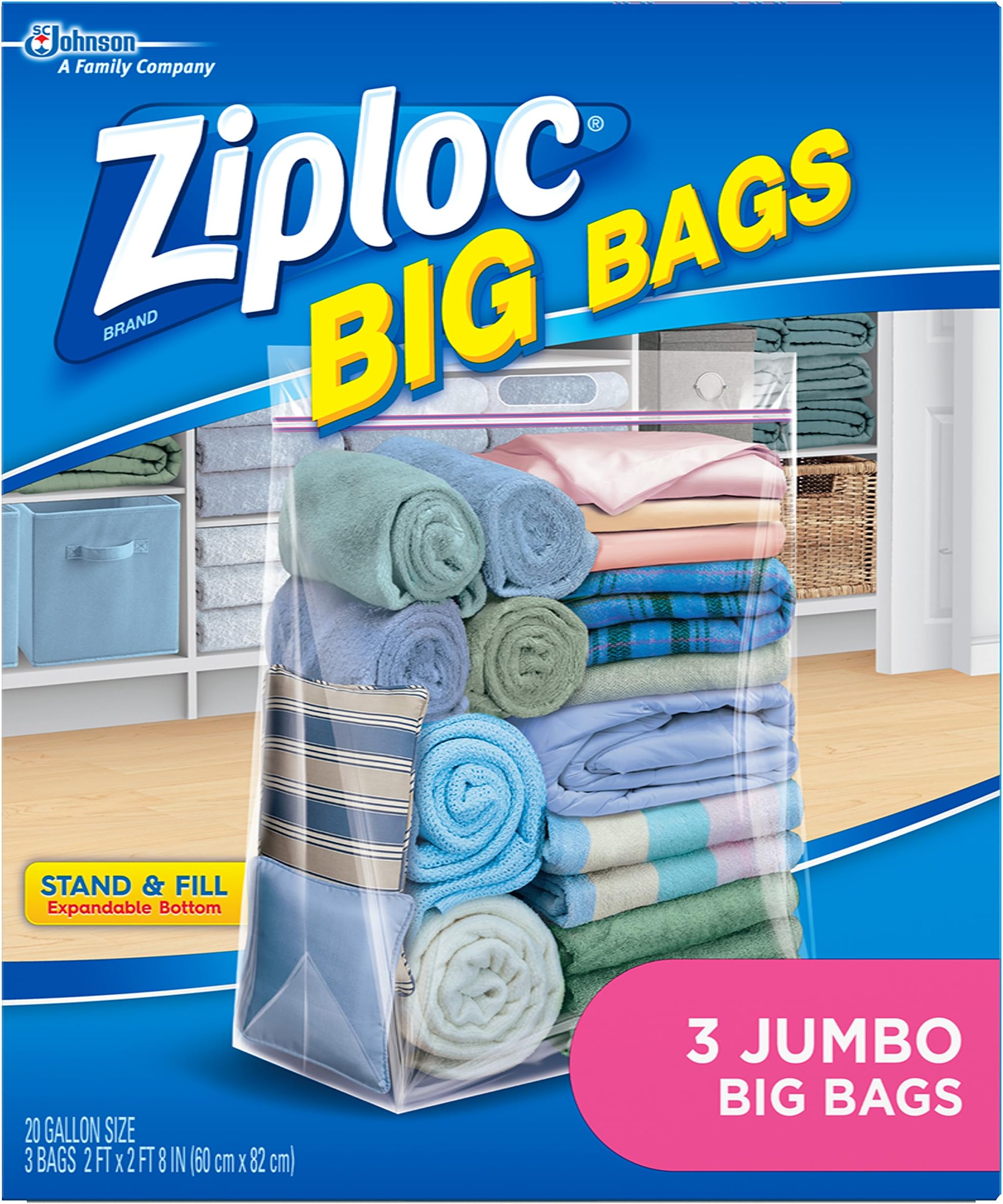 SC Johnson Ziploc Big Bags Clothes and Blanket Storage Bags for Closet Organization, Protects from Moisture, Jumbo, 3 Count
