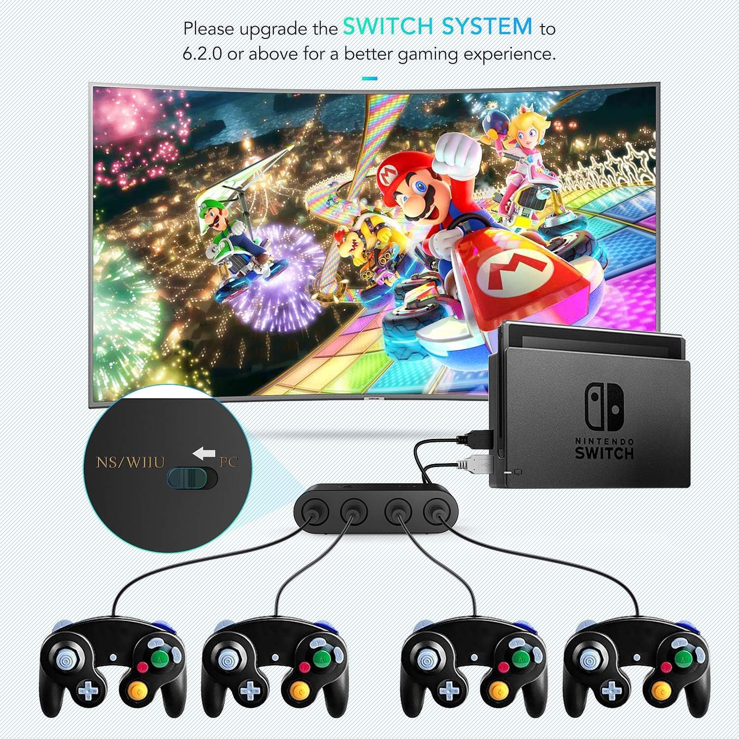 Switch GameCube Controller Adapter, Super Smash Bros GameCube Converter for Wii U, Nintendo Switch and PC USB with 4 Ports Black, No Drivers Need, Black