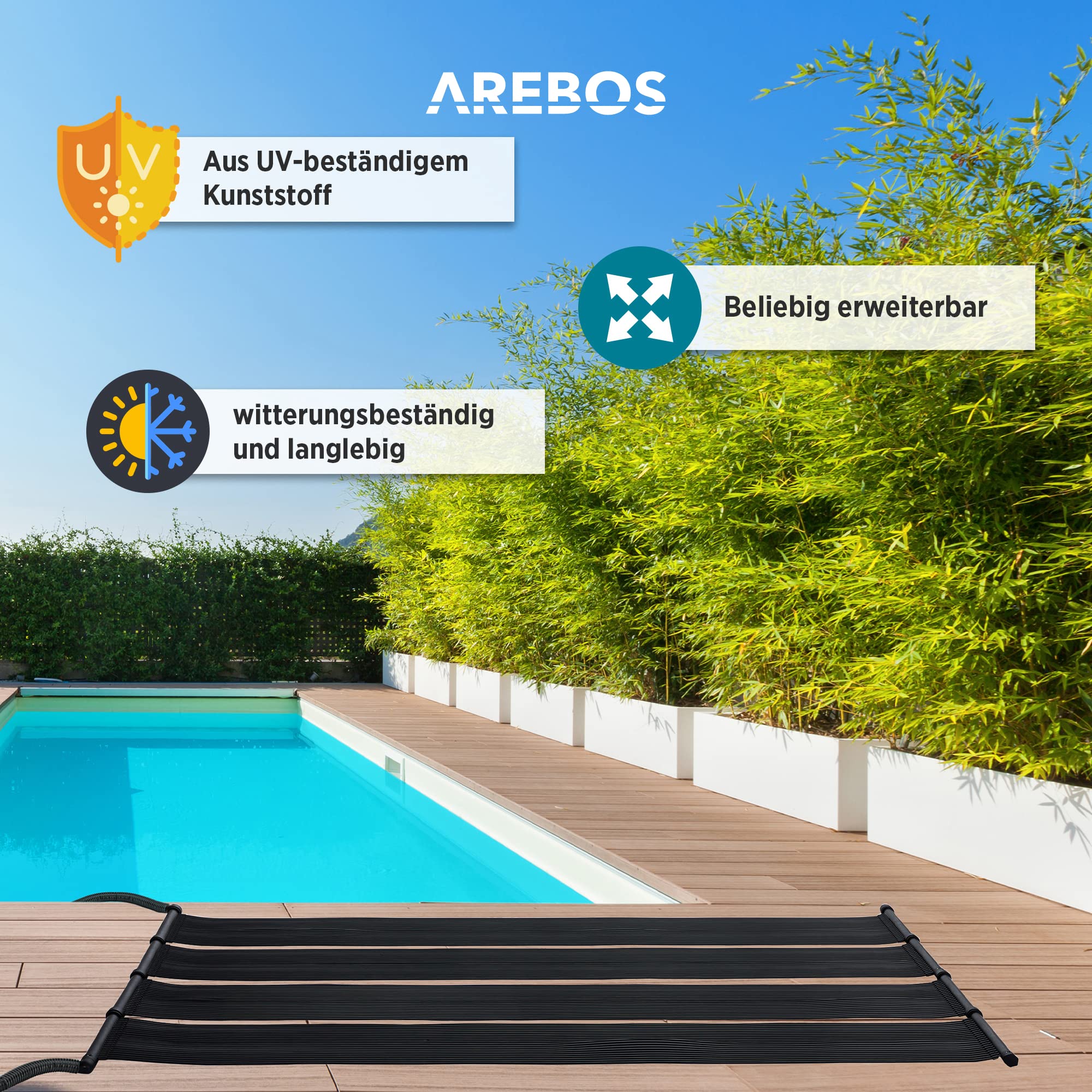 Arebos 2X Solarheizung Solarkollektor Poolheizung | 2er Set | 300x66 cm | UV-beständiger Kunststoff | Schwarz | Beliebig erweiterbar | inkl. Bypass-Set