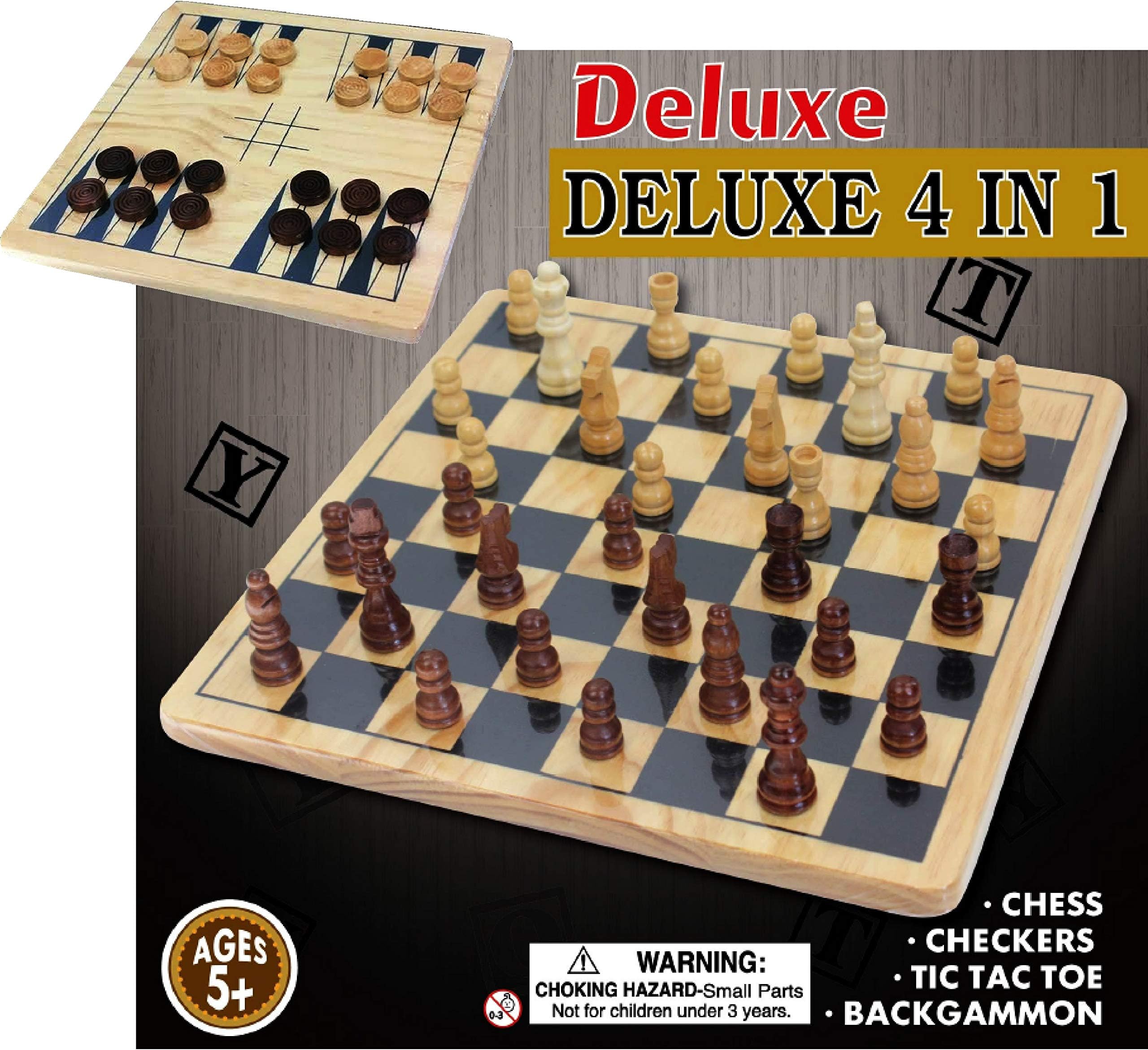 Matty's Toy Stop Deluxe 4-in-1 Chess, Checkers, Tic Tac Toe & Backgammon Wooden Game Set