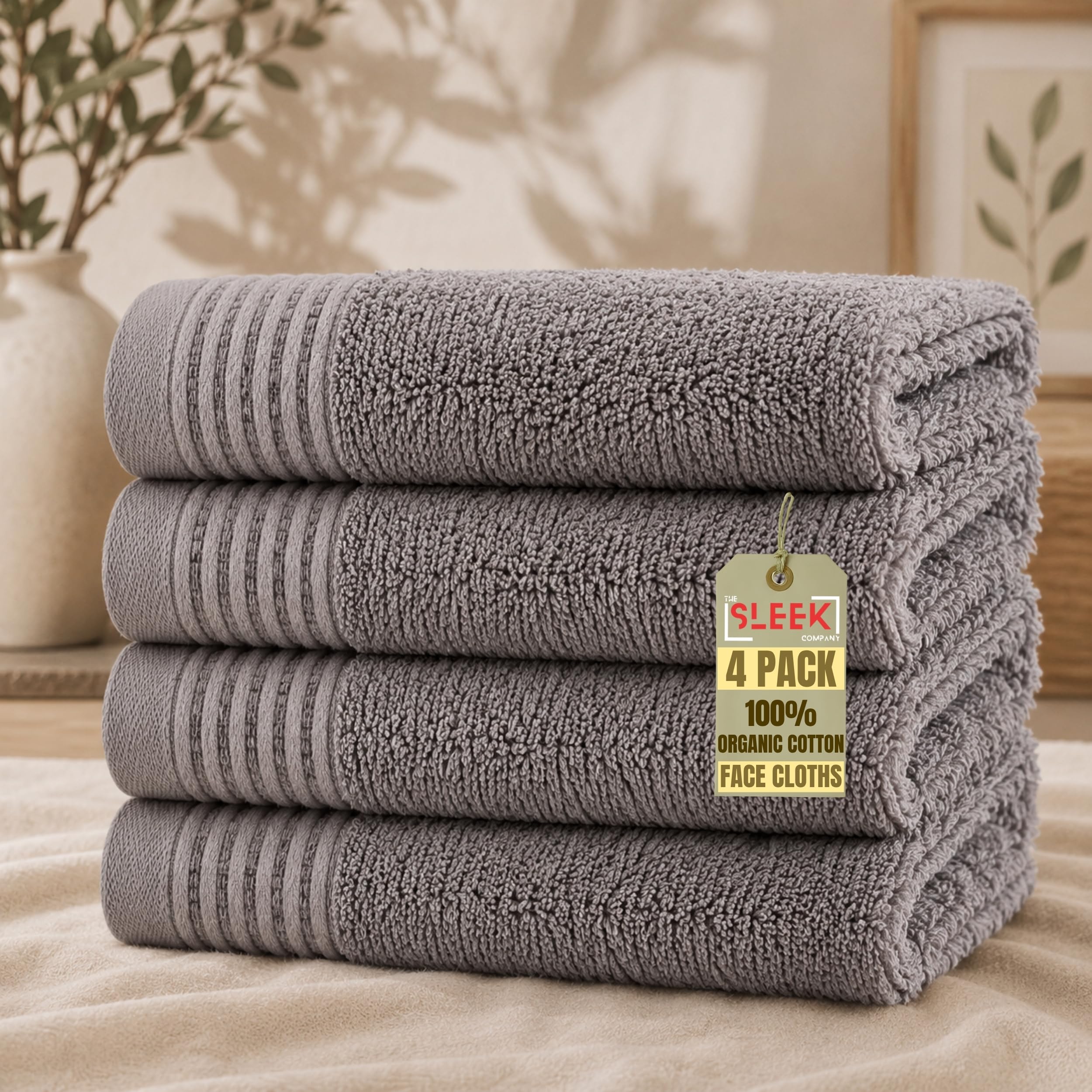 Luxury 100% Organic Cotton Face Cloths (33x33cm) – Pack Of 4 – 630GSM Soft & Absorbent Flannels Face Cloth – Hypoallergenic & Durable Towel – Quick Dry Face Towels for Homes, Hotels, Spas & Gym (Grey)
