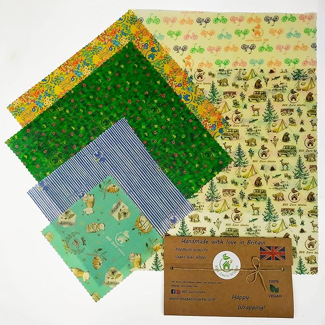 Plant based vegan Wax wraps, BEE Zero Waste, Random colours, GOTS organic cotton, alternative to cling film, sustainable, reusable, plastic free, no beeswax (Set of 6)