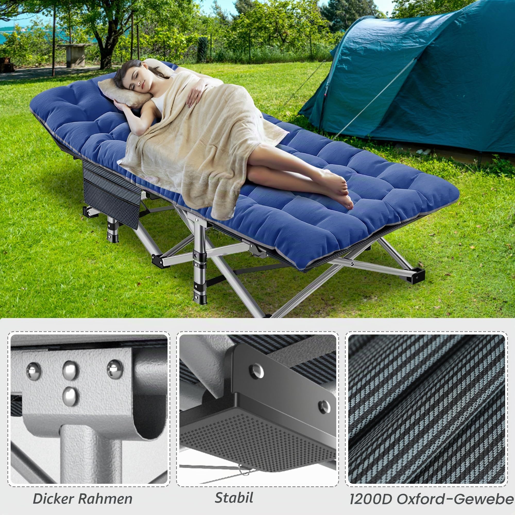 MOPHOTO 70x190x36cm Einzel Klappbar Feldbett mit Dünn Auflage | 200KG Ladung Schwerlast-Campingbett, Rahmen aus Kohlenstoffstahl & Oxford-Gewebe, Tragbares Outdoor Bett für Erwachsene