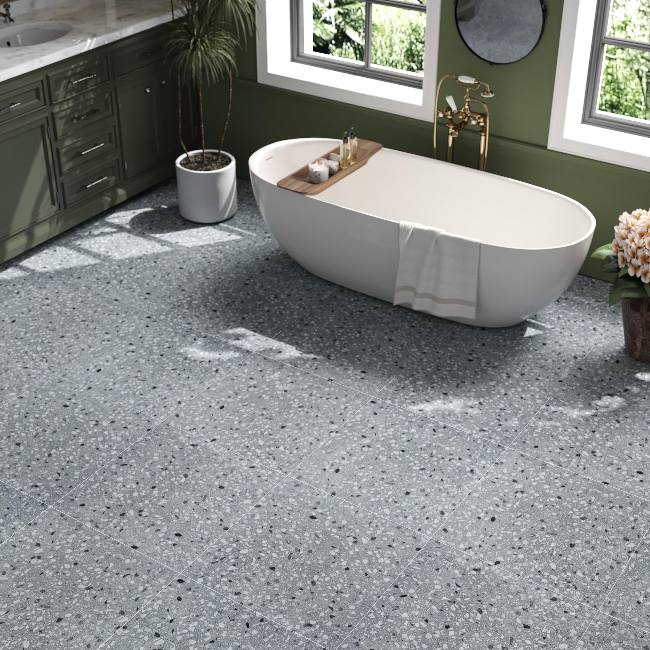 VaryStyle 18 fogli di pavimenti in vinile grigio terrazzo piastrelle Peel and Stick impermeabile pavimento del bagno autoadesivo amichevole spesso vinile grigio piastrelle per pavimento piastrelle per