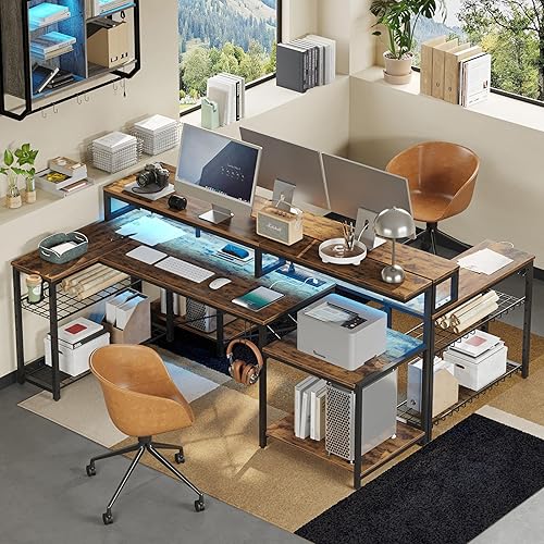 Miniatura 3 de Bestier 71.5 inch Computer Desk with Power Outlets, L Shaped LED Home Office Desk with Long Monitor Stand, Large Corner Desk with Storage Shelf, Cup
