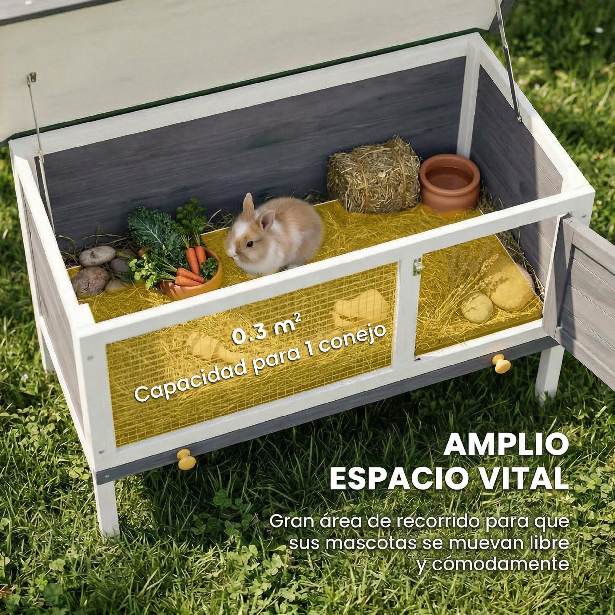 PawHut Conejera de Madera, Jaula para Conejos Medianos con Techo Asfáltico Abatible, Bandeja Extraíble, Puerta con Pestillo, Conejera Elevada Exterior, para Cobayas y Chinchillas, 90x45x65 cm, Gris — view 3