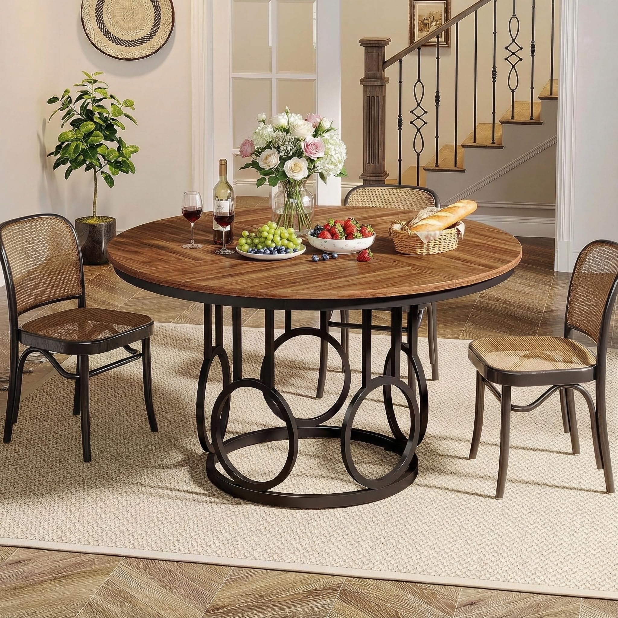 Lailang 120cm Mesa Comedor, Mesa Cocina Redonda, Mesa de Jantar Redonda, Muebles Rusticos, Mesa Redonda para 4 Personas, Mesa Comedor 120, 120 x 120 x 75 cm, Brown & Black