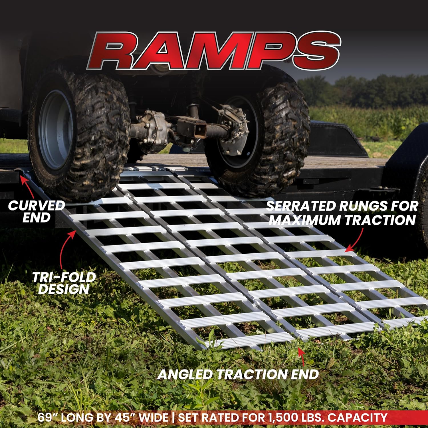 GEN-Y HITCH Trifold Aluminum Loading Ramp, 69x45 Inch, 1500 lbs Capacity, 56 lbs