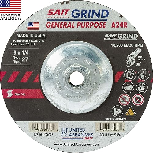 Miniatura 11 de United Abrasives -SAIT 20086 A24R Muela abrasiva de uso general/larga vida útil (tipo 27/centro deprimido) 7" x 1/4" x 5/8-11", paquete de 10