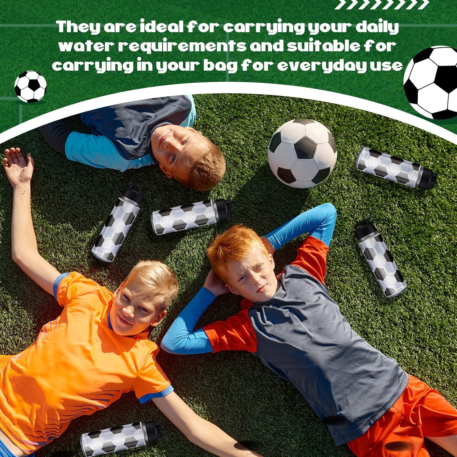 Mifoci 20 Pieces Sports Water Bottle Bulk 17 oz Reusable Plastic Biking Water Bottle Tumbler Adults Reusable Large Bottles with Leak Proof Flip Top for Party Outdoor (Soccer,Black and White)