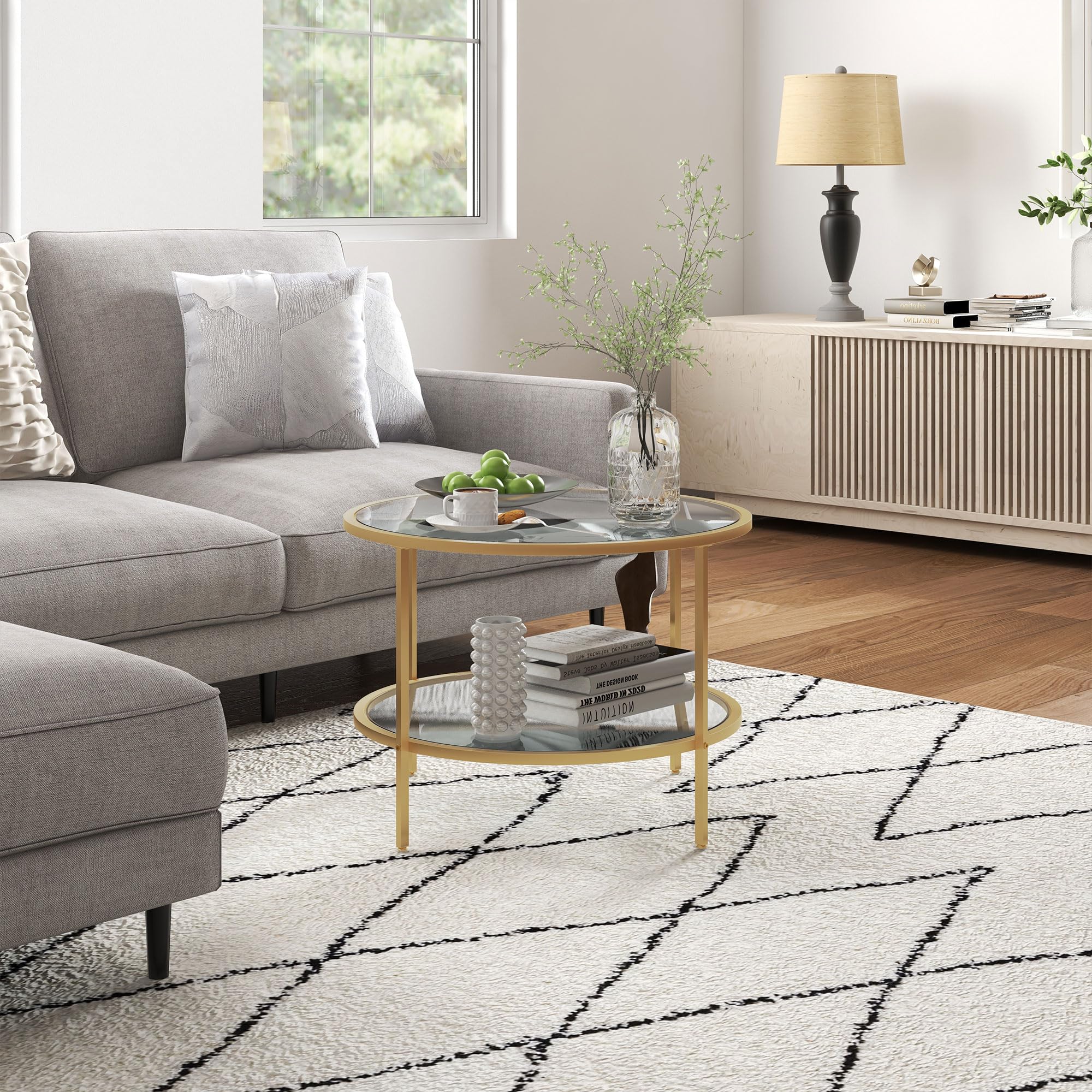 HOMCOM Beistelltisch Rund Couchtisch mit Ablage Ø60 x 43 cm Gold