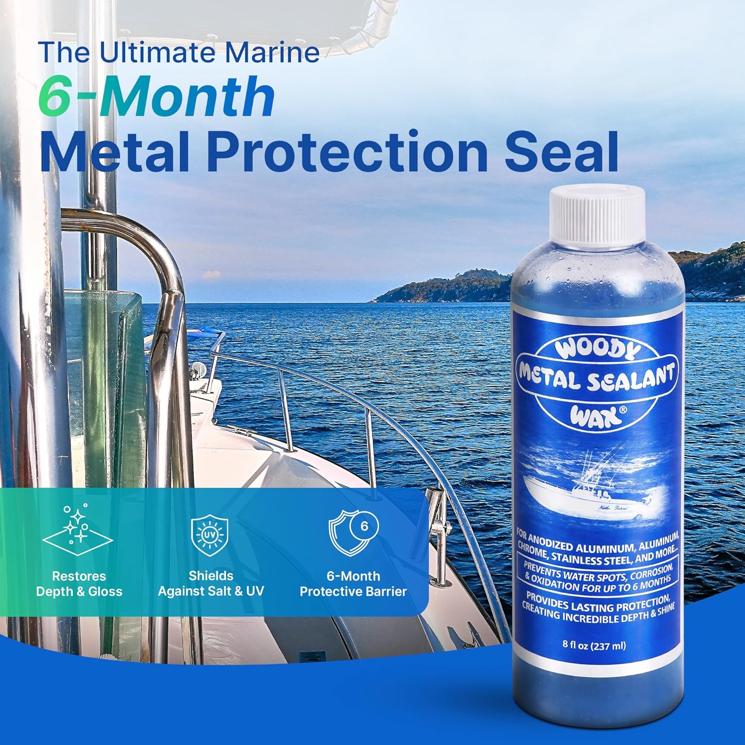 Woody Wax Marine Metal Sealer, 6 Month Metal Sealant for Anodized Aluminum, Stainless Steel & Chrome, Restores Shine to Pitted Metals & Protects Against Saltwater Damage, 8 oz