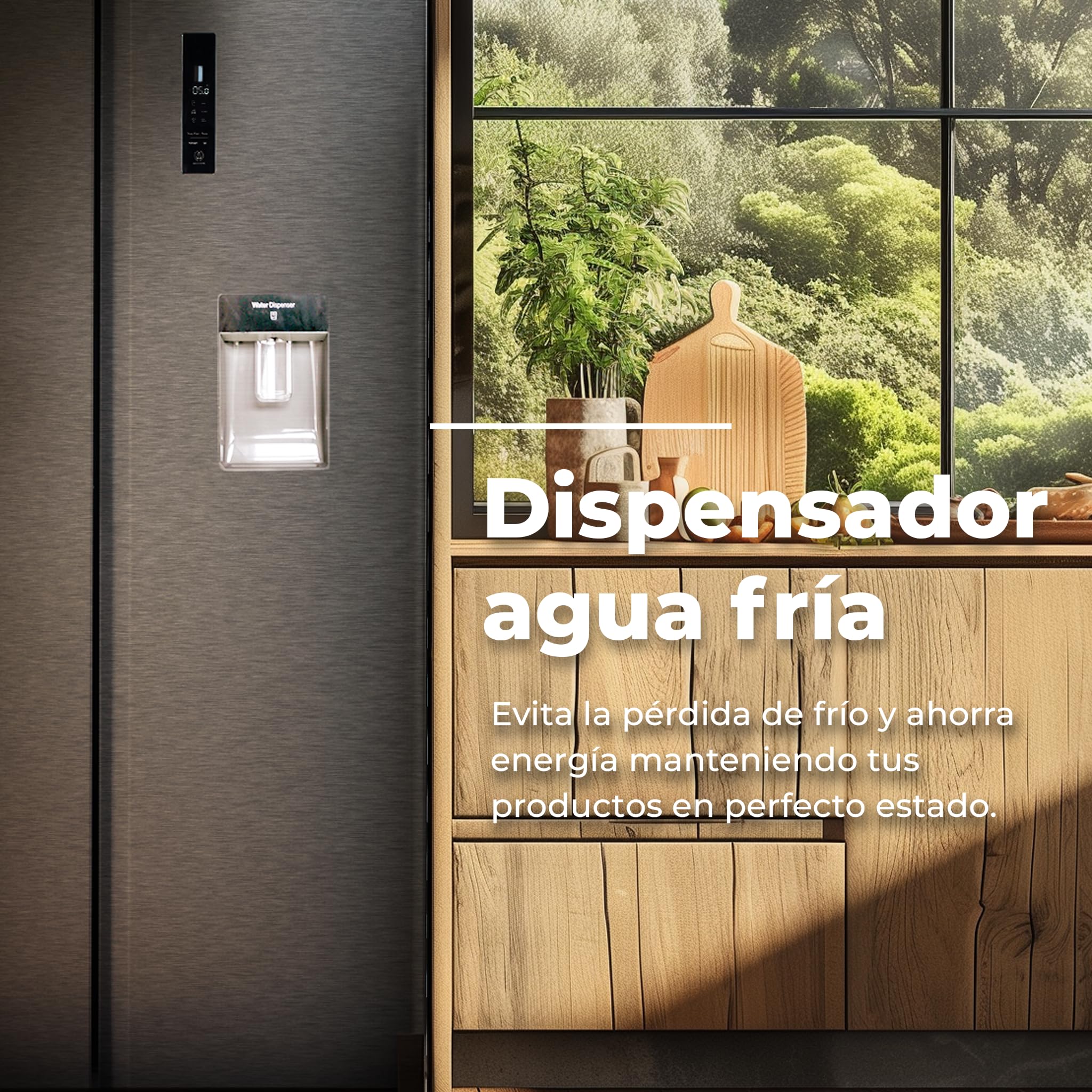 EVVO Frigorífico Americano 2 Puertas, Total No Frost, Compresor Inverter, Capacidad frigorífico 356L y 203L Nevera, Dispensador de Agua, Elegante Display Integrado, Modelo: F90X Aqua (Acabado Inox)