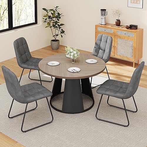 Miniatura 2 de Juego de mesa de comedor redonda de 47.2 pulgadas para 4 mesas de madera modernas con 4 sillas tapizadas de cuero, base de pedestal de metal, Mesa
