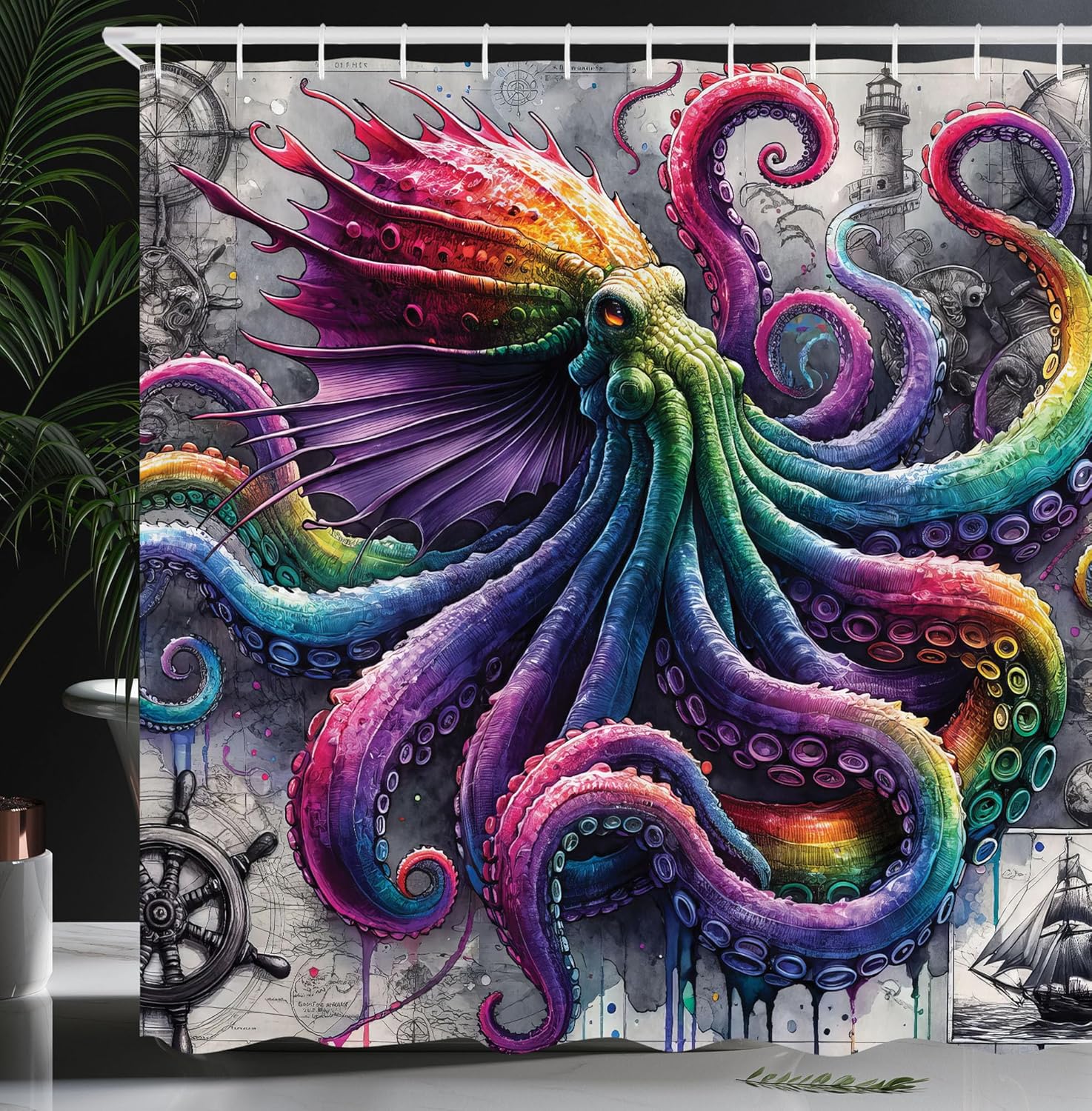 Ambesonne Colorful Shower Curtain, Vintage Marine with Ship and Wheel Ornate Jumble Rave Tone Drawn Kraken, Cloth Fabric Bathroom Decor Set with Hooks, 69" W x 84" L, Purple Turquoise Grey