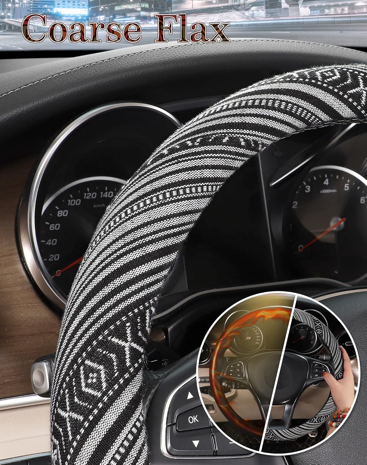 Size 14 1/2-15 1/4 inches Color Black and Grey SEG Direct Boho Steering Wheel Cover with Baja Blanket Cloth, Ethnic Style Auto Wheel Cover Made of Coarse Flax, Fits 14 1/2-15 1/4 inches Car Wheel