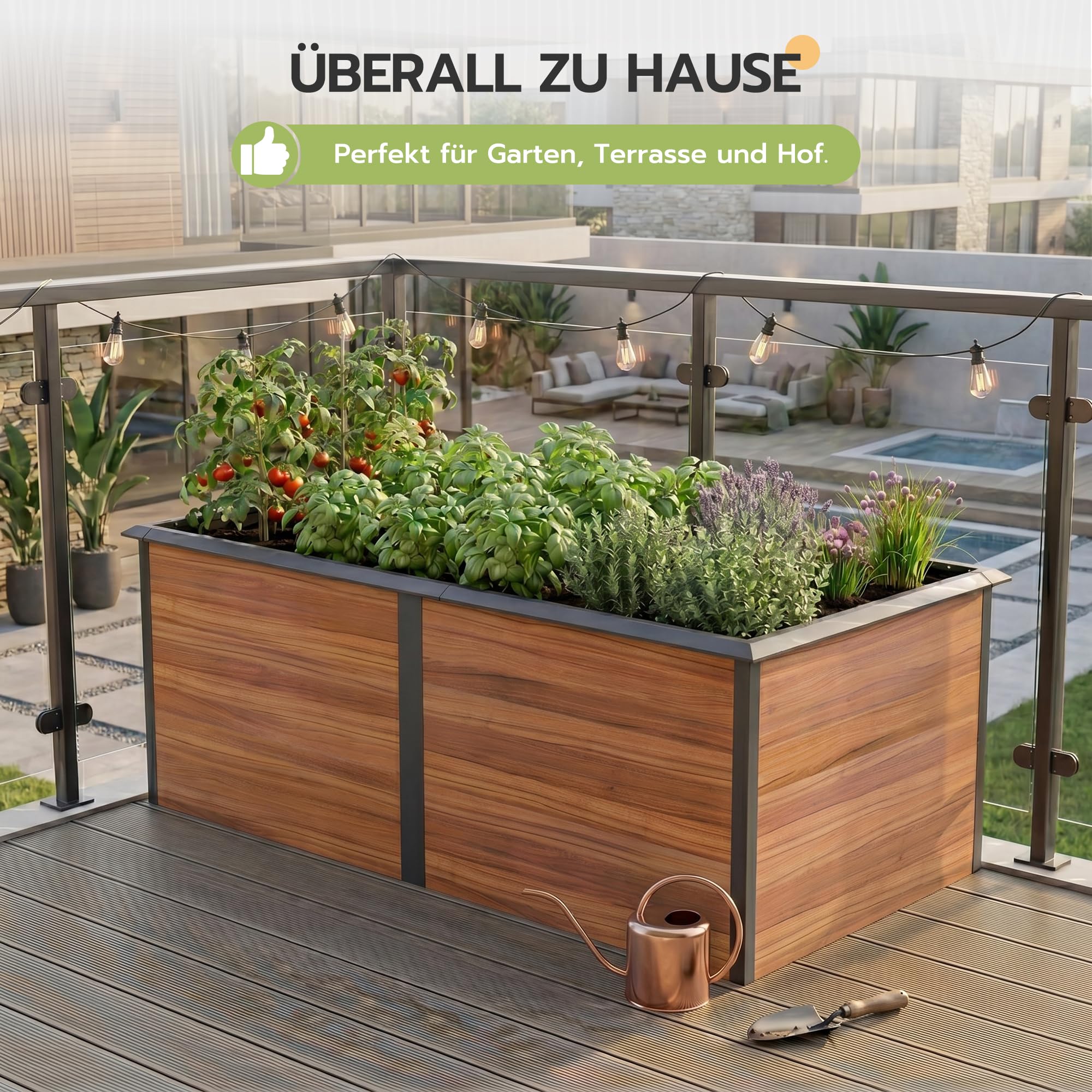 Amopatio Hochbeet Metall 200x100x77 cm Holzoptik, 1 mm Zink-Aluminium Pflanzbeet, 1540L Stabil Gemüsebeet, Wetterfest Gartenbeet Pflanzkasten Kräuterbeet für Outdoor & Balkon, Braun