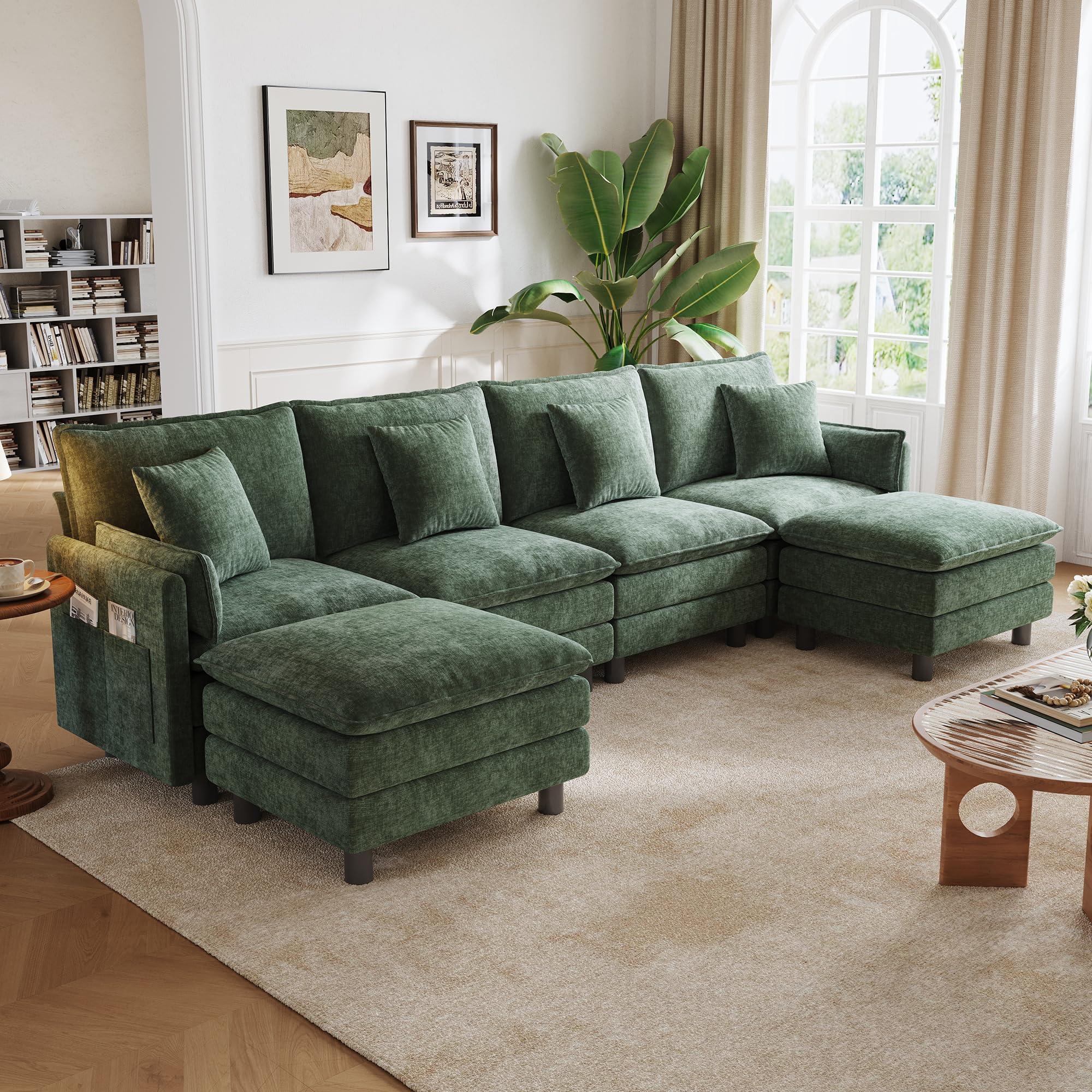 Photo 1 of ***PARTIAL SET***LINSY HOME 129'' Modular Sectional Sofa 4 Seat Couch Chenille Cloud Couch with Deep Seat, U Shaped Couch with 2 Movable Ottoman for Living Room, Office, Bedroom, Green(Pillows Included)
