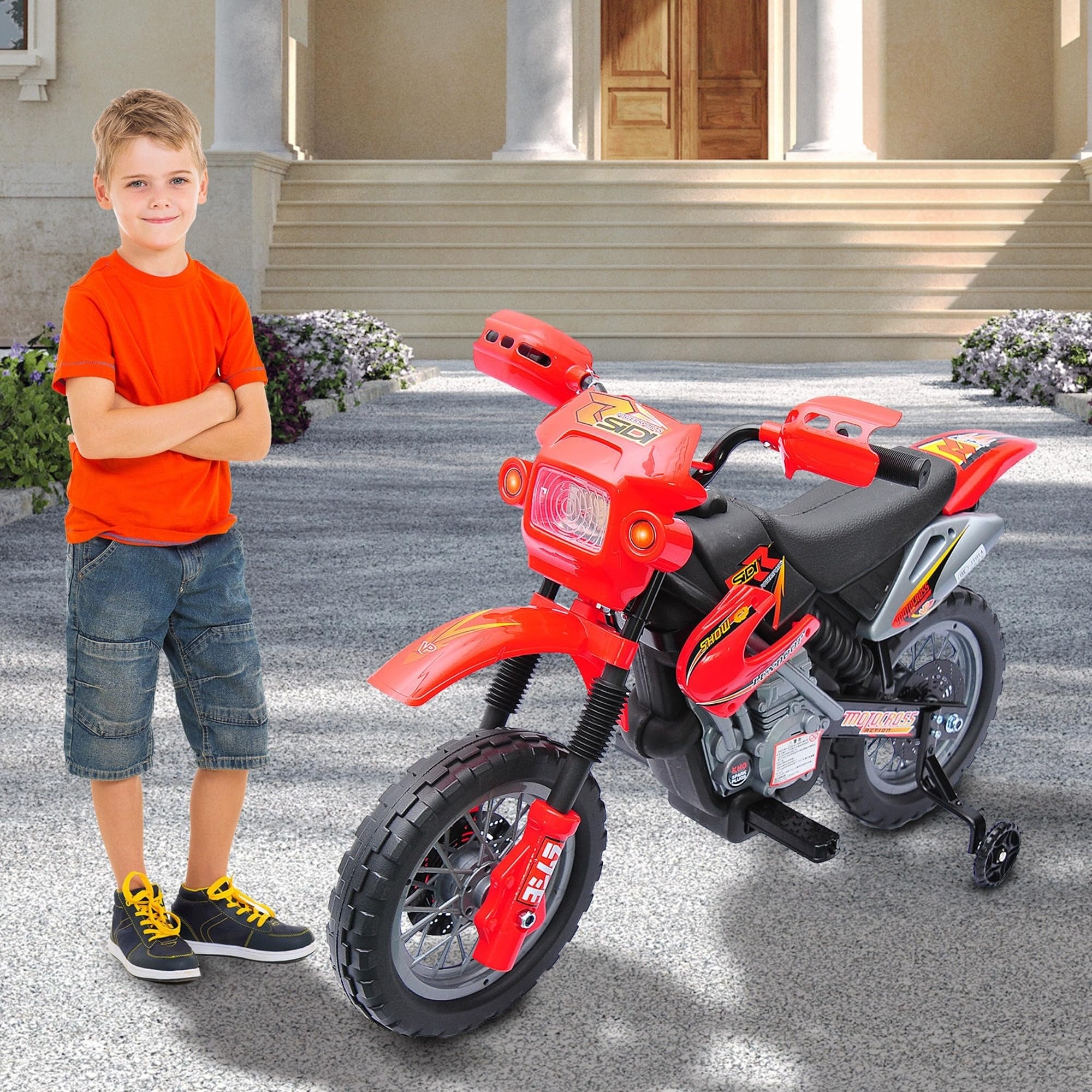 Qaba 6V Kids Motorcycle Dirt Bike Electric Battery-Powered Ride-On Toy Off-Road Street Bike with Training Wheels Red