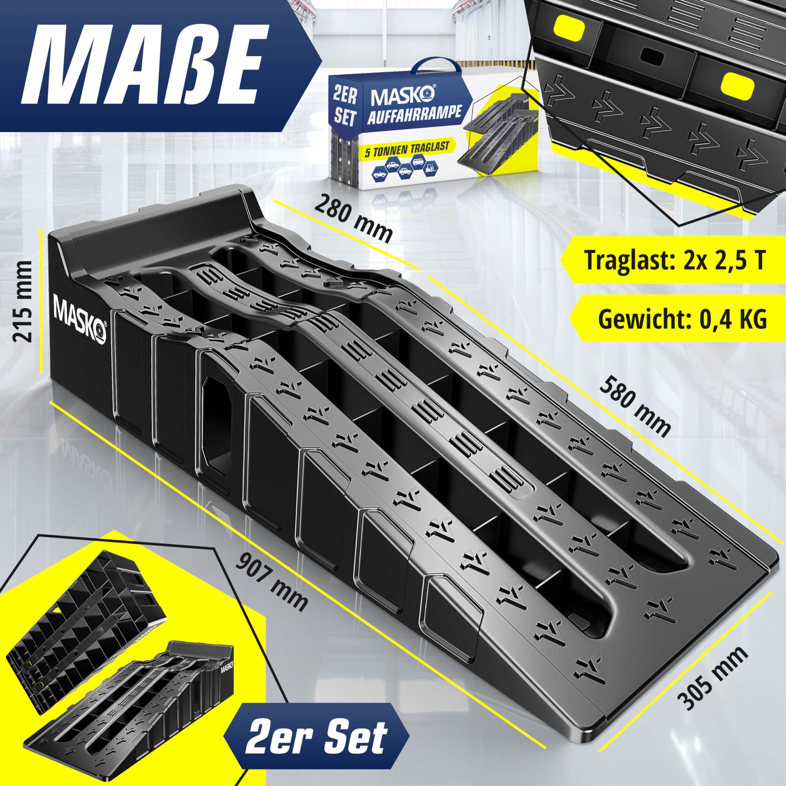MASKO® Set di 2 Rampe di Carico fino a 5 Tonnellate di Capacità di Caric, Rampa Auto con Protezione Anti-Tip, Antisdrucciolo, Stabile, Ramp Extra Larga