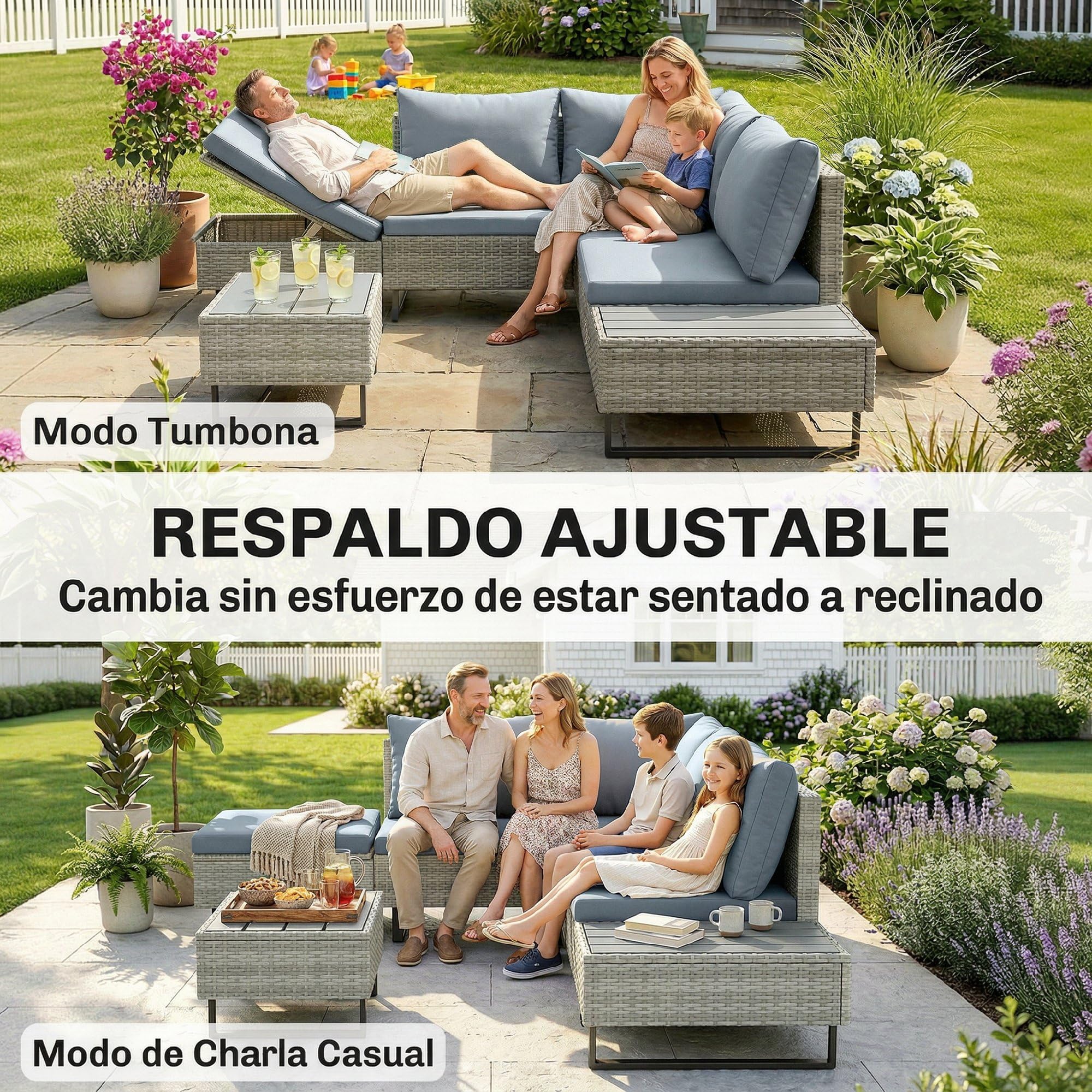 Outsunny Conjunto de Jardín de Ratán de 3 Piezas Respaldo Ajustable Gris | de Terraza, Conjunto Jardín Exterior, Incluye Cojines, Sofá de 3 Plazas, Sofá de 2 Plazas, Mesa de Madera Plástico