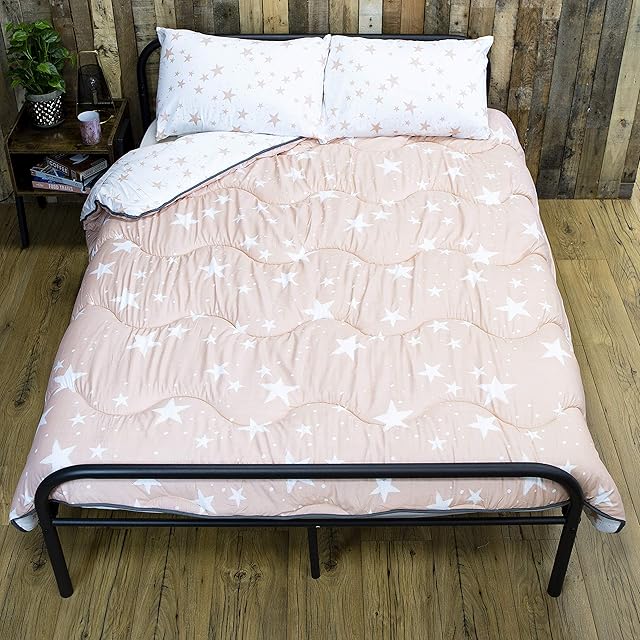 Rest Easy Double Coverless Duvet Bedding | Care Free Reversible Coverless Quilt & Pillowcase | Washable Duvet | Perfect For Travelling & Sleepovers, 10.5 Tog Pink Stars Design
